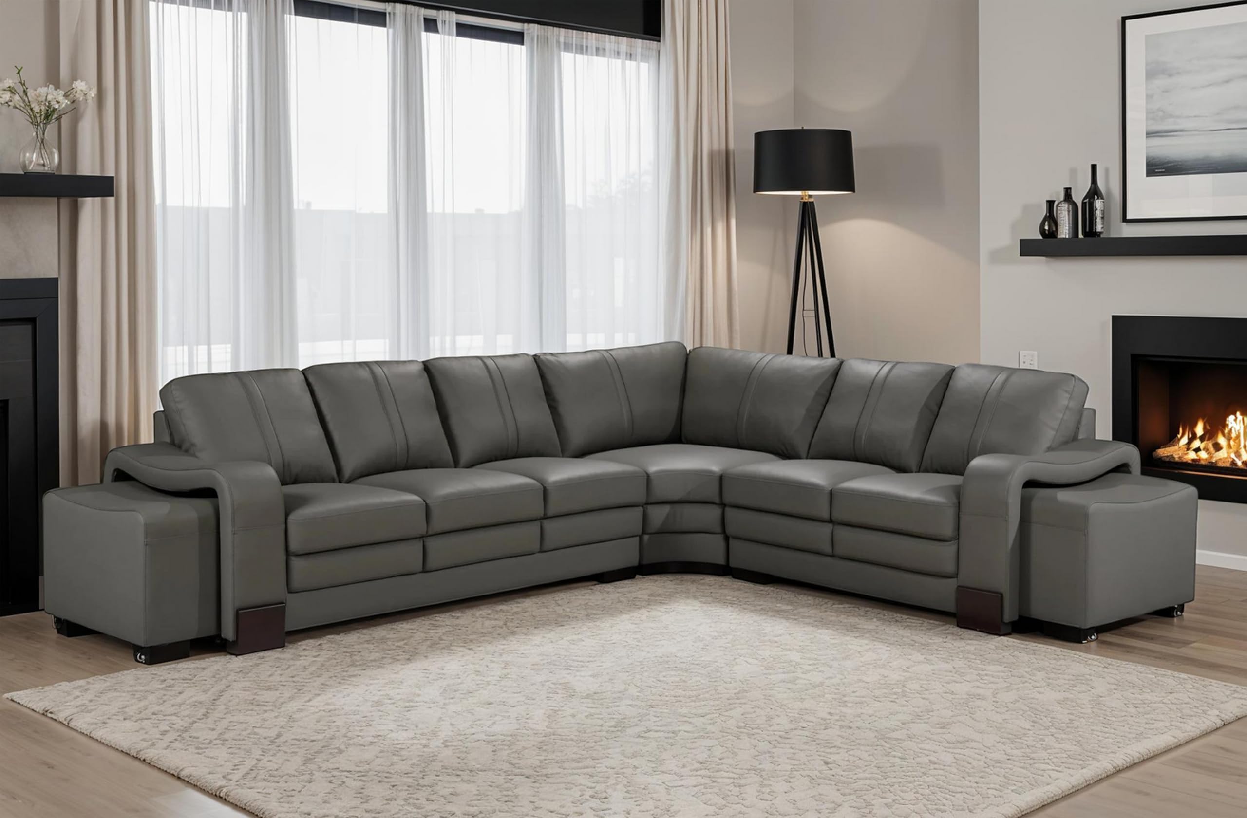 Lovesofas Large 6 Seater Luxury Genuine Leather Grey Corner L-Shaped Sectional Sofa with 2 Ottomans – Solid Wood Frame Real Cow Hide Leather Modern Family Living Room Couch, 300 x 244 Cm Size