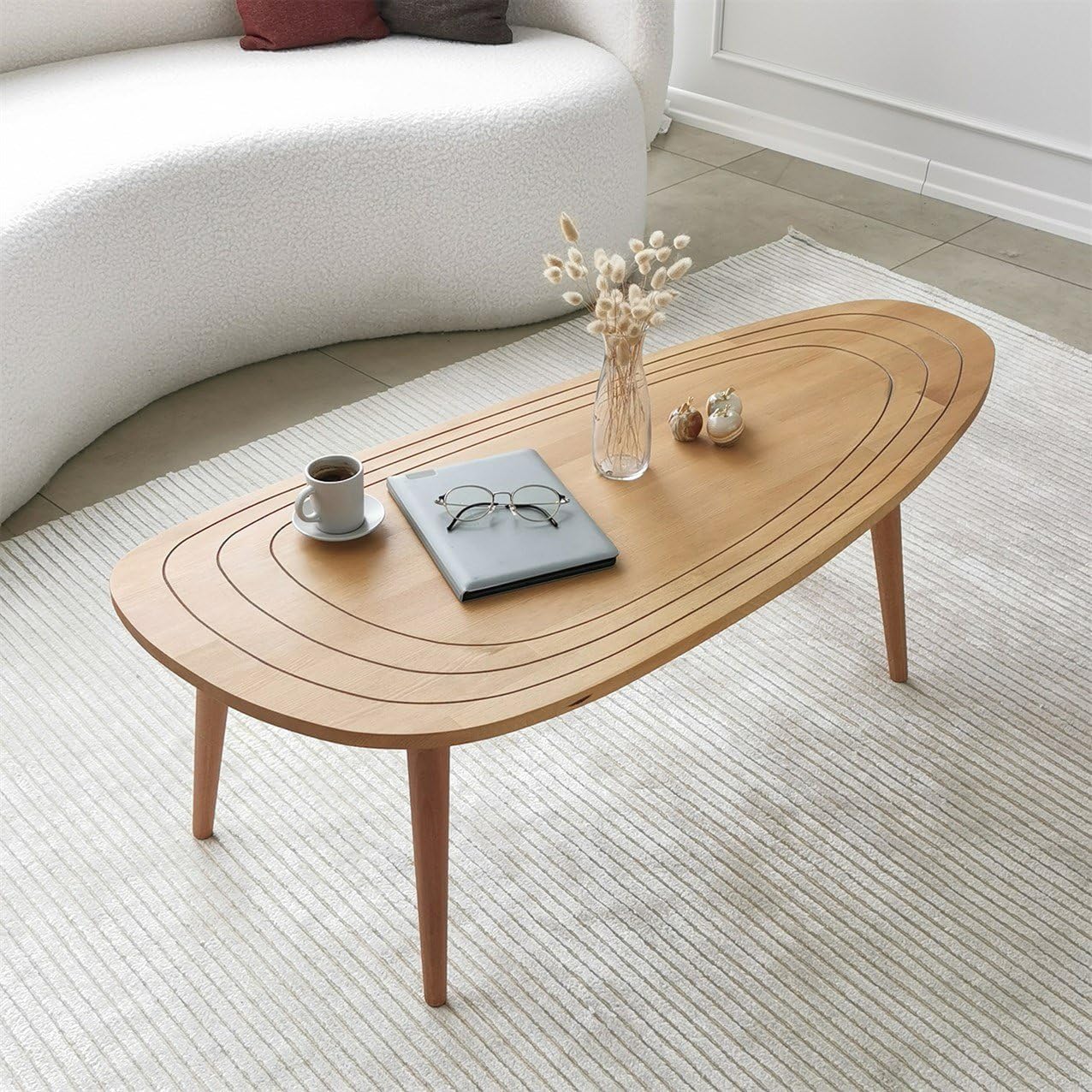 Solid Wood Oval Coffee Table, Engraved Wooden Center Table, Modern Surfboard Table, Mid Century Aesthetic Low Coffee Table, Vintage Living Room Furniture (Natural)
