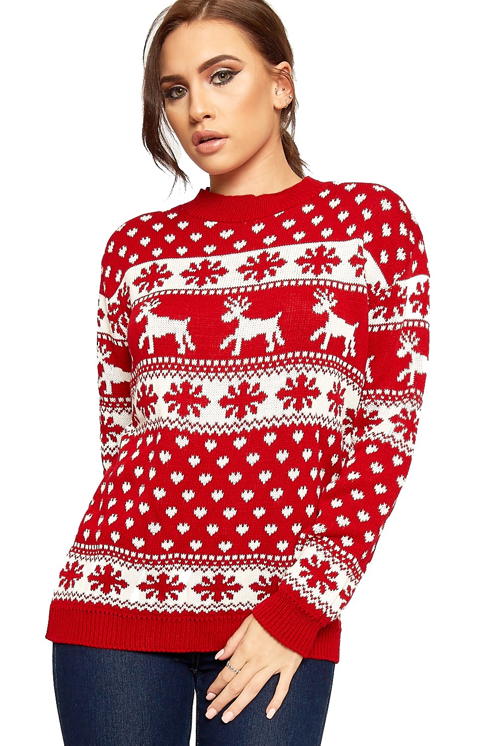 Wearall Women's Red Reindeer Snowflake Long Sleeve Festive Sweater Christmas Jumper - 20-22