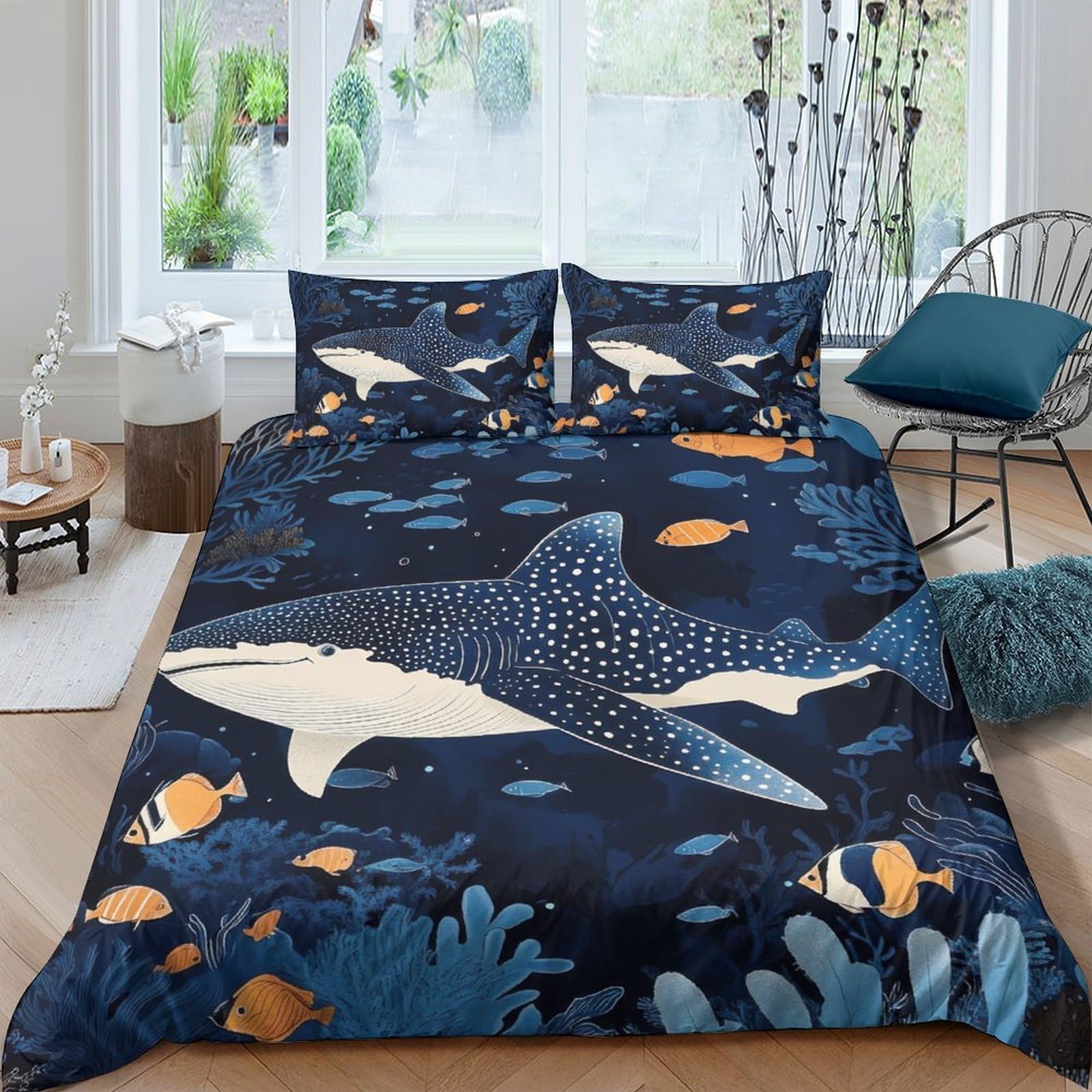 Ctjqhvkz Style-1 3D Printed Ocean Shark Fitted Sheet Microfiber Soft Blue Sea Fish Mattress Cover For Bedroom Dorm Decor Protection Single（135X200cm）