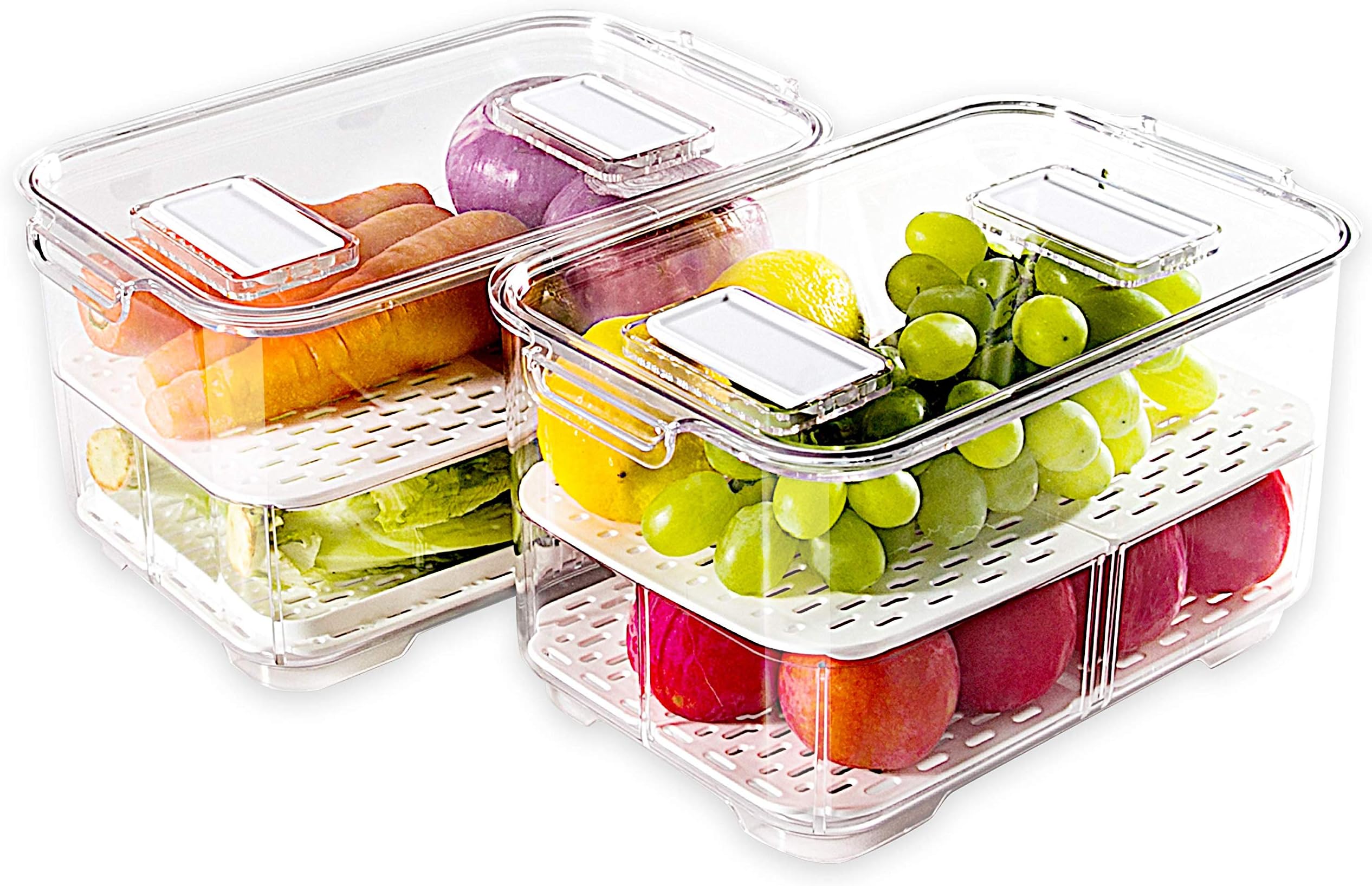 elaboFood Storage Containers Fridge Produce Saver- 2 Piece Set Stackable Refrigerator Organizer Keeper Drawers Bins Baskets with Lids and Removable Drain Tray for Veggie, Berry, Fruits and Vegetables
