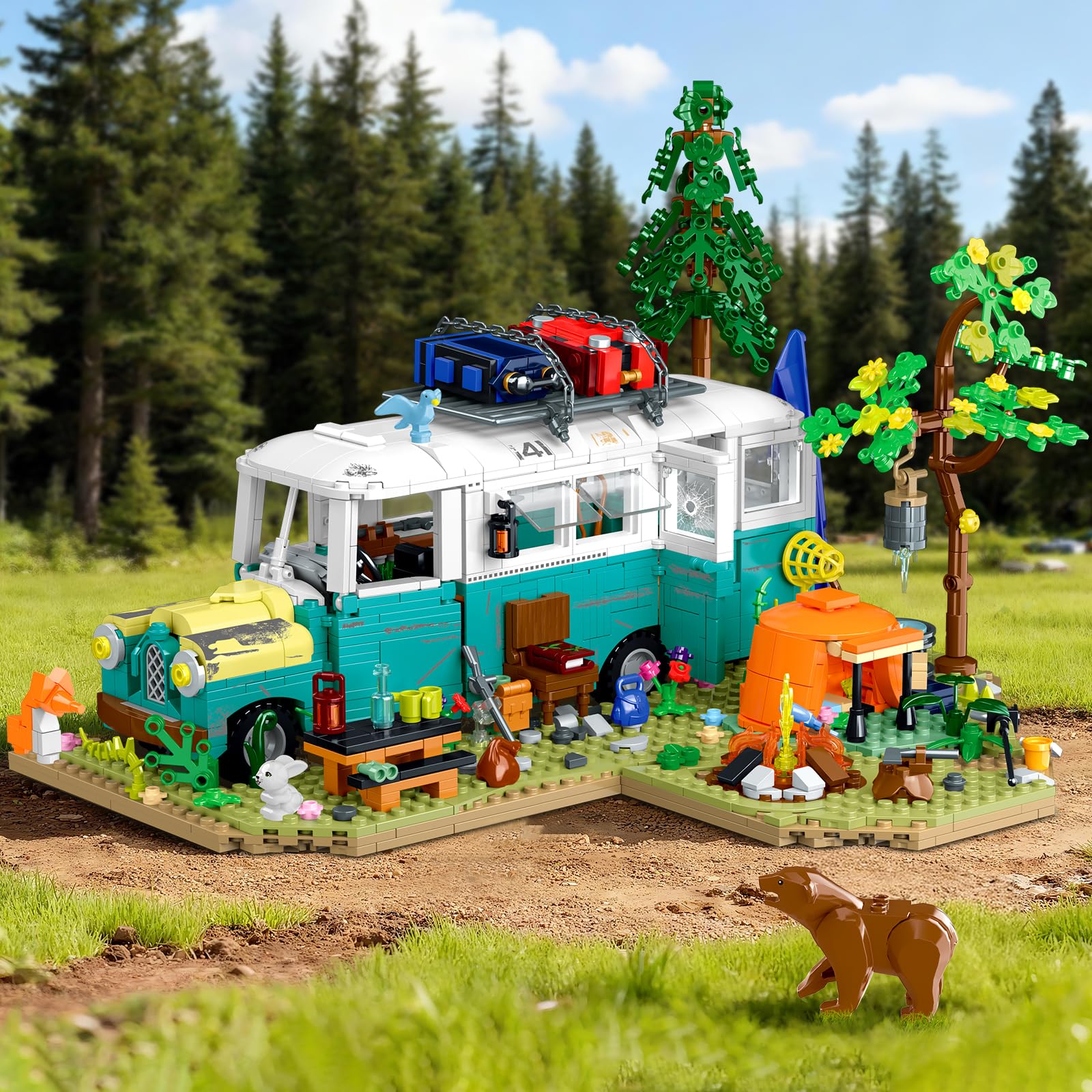 CUBIMANA Sets de Jeux de Construction de Bus Terre Sauvage avec lumière, Jouet de Camping avec Bus et Animaux Amovibles, décoration et présentoir créatifs, Cadeau pour Adultes et Adolescents 1392 pcs
