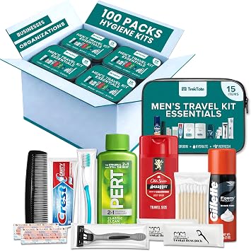 TrekTote Bulk 100 Case Pack of Mens 15 Piece Set Hygiene Kits, Bulk Travel Size Toiletries Kits, Deodorant, Shampoo, Body Wash, Shaving Cream, Razor, Toothbrush, Toothpaste, Comb, Flossers, Swabs