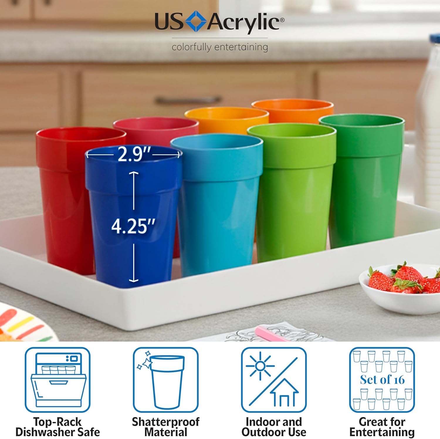US Acrylic Spectrum Unbreakable Plastic 10 ounce Stackable Juice Tumblers in 8 Assorted Colors | Set of 16 Kids Drinking Cups | Reusable, BPA-free, Made in the USA, Top-rack Dishwasher Safe - Image 4