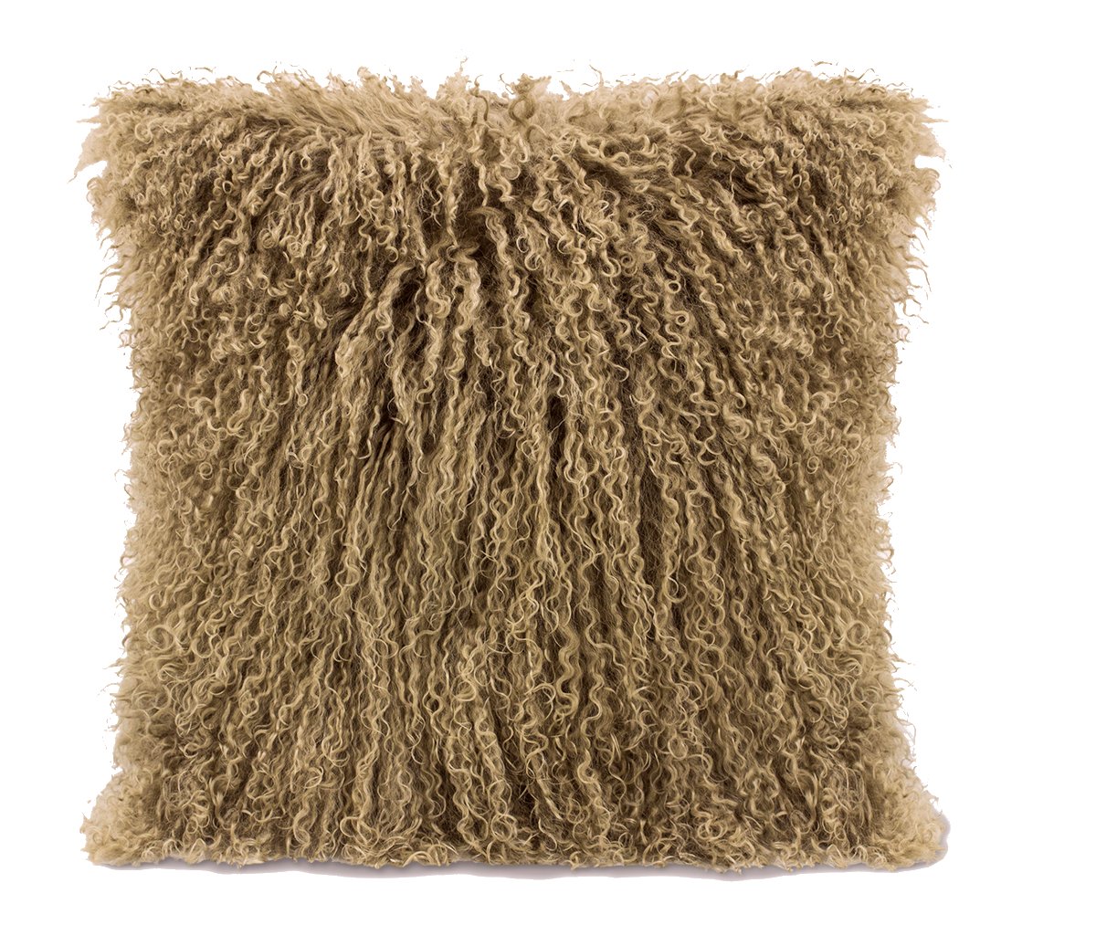 Luxurious 100% Tibetan Mongolian Lamb Fur Pillow, Long Curly Wool Sheepskin Cushion With Soft Micro-Suede Back With Zipper, Includes Cushion and Inner 15 x 15, Multiple Colors. (Taupe)