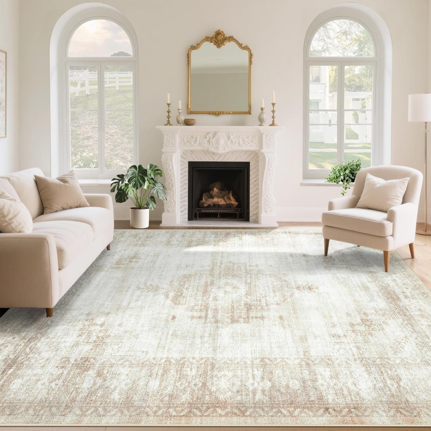 Vintage Living Room Area Rug - 8x10 Large Machine Washable Boho Moroccan Distressed Farmhouse Rugs for Bedroom - Soft Non-Slip Indoor Floor Accent Rugs for Office Dining Room (Beige, 8'x10') Beige 8' x 10' (Rectangular)
