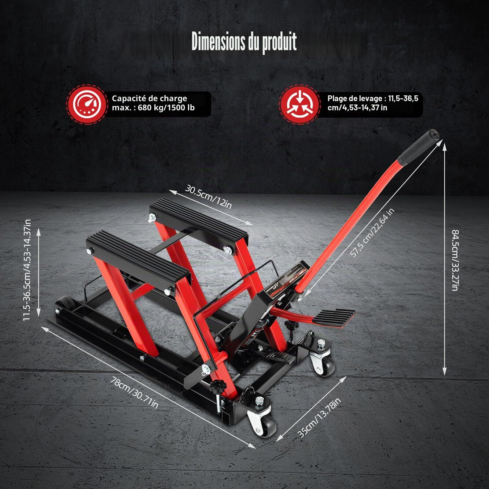 Cric de moto 680KG Ascenseur de moto Support de moto Pont élévateur à ciseaux Cric hydraulique robuste Durable avec un support protégé