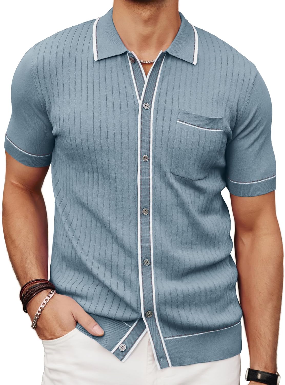 PJ PAUL JONES Mens Knit Shirts Short Sleeve Button Down Casual Shirt Vintage Old Money Polo Shirts Vacation Beach Tops