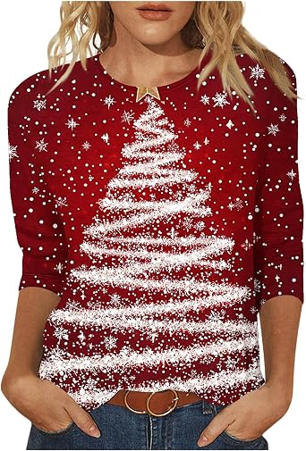 3/4 Sleeve Christmas Shirts for Women Cute Snowflake Graphic Shirt Funny Christmas Tree Print Tee Xmas Holiday Tops