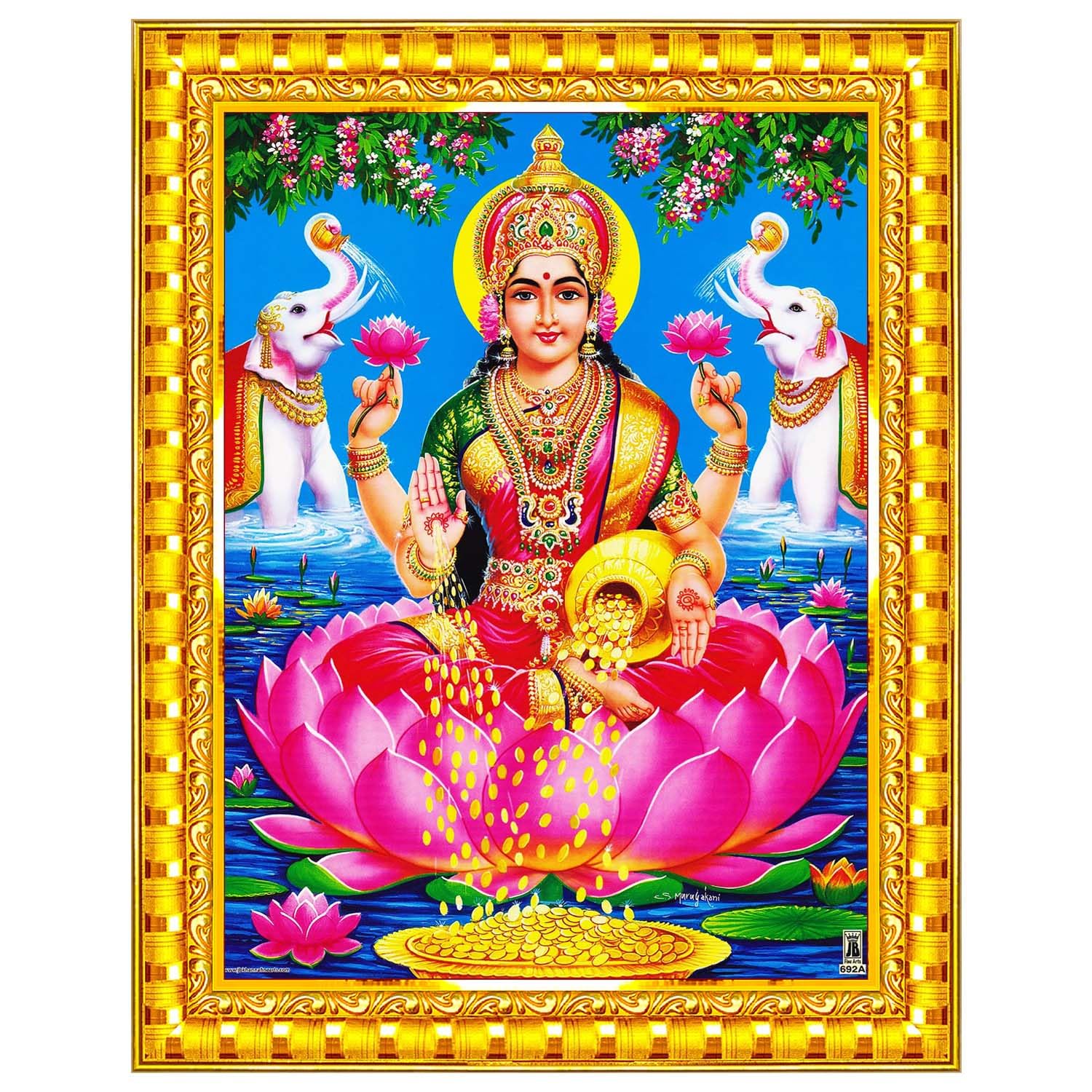 Goddess Lakshmi Devi Dhana Vaibhav Laxmi Maa Wall Painting Framed Home Decor (Wood,Glass,Gold,Big Size,10 x 12 Inch) R317M