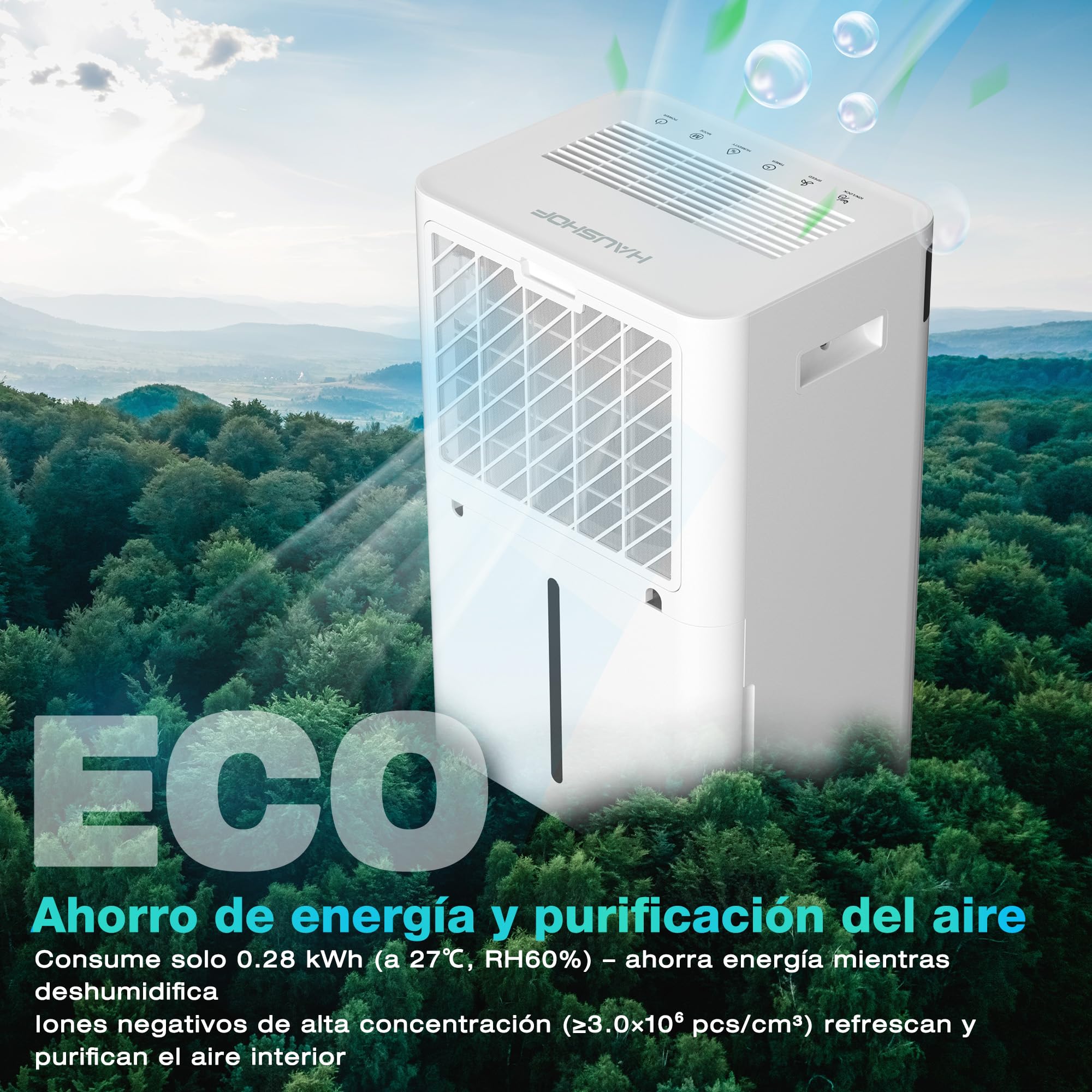 HAUSHOF Deshumidificador Eléctrico 20 L/Día, 41 dB Silencioso con Iones Negativos, Depósito 4,5 L y Pantalla LED, 3 Modos, Portátil para Dormitorios, Salón y Sótano (30 m²) | con Iones Negativos, Depósito 4,5 L y Pantalla LED, 3 Modos, Portátil para Dormi