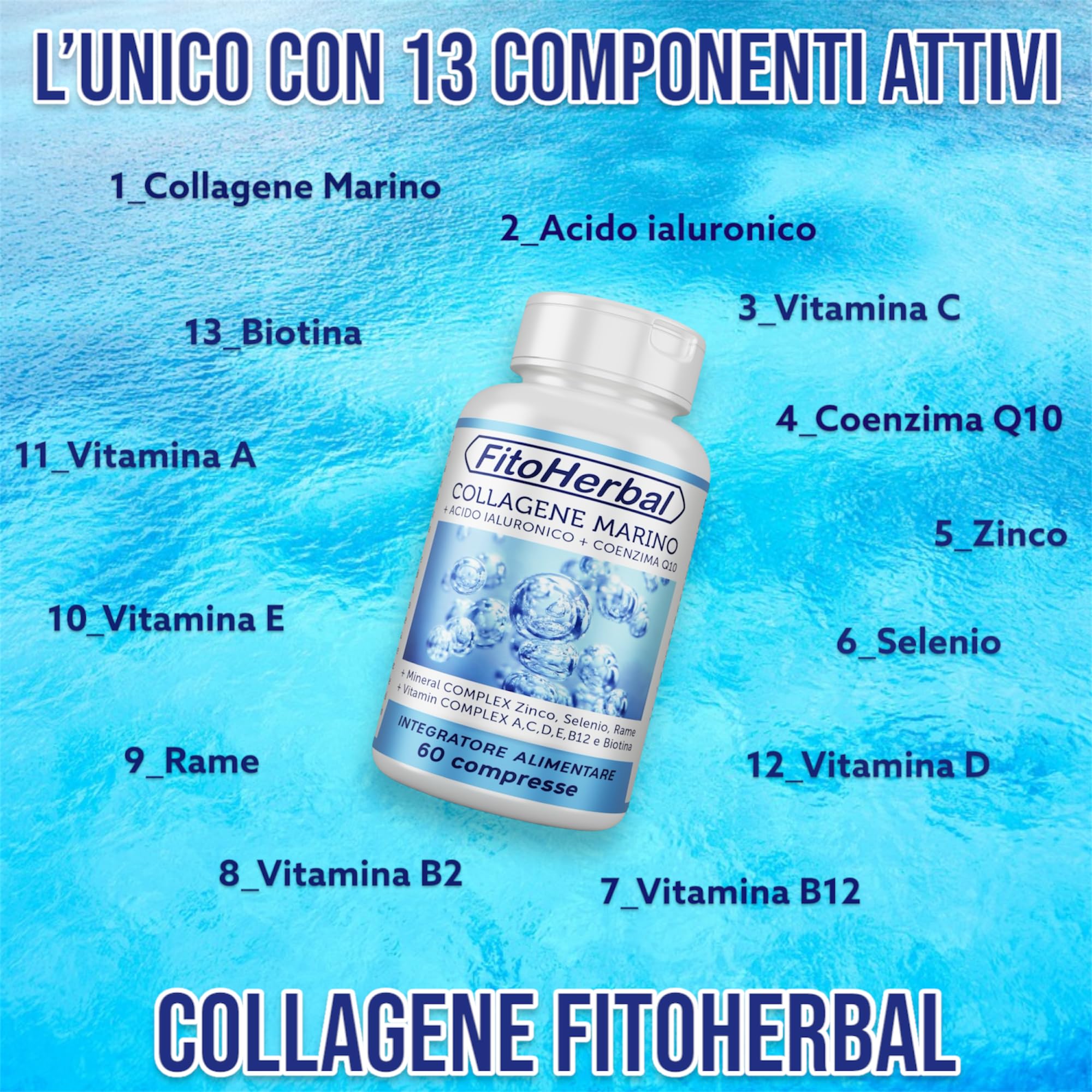 COLLAGENE MARINO CON ACIDO IALURONICO Coenzima Q10 | Compresse di Collagene Idrolizzato Potenziato con Vitamina Complex A C D E B12 Biotina Zinco Selenio Mantenimento Pelle Capelli Articolazioni Ossa