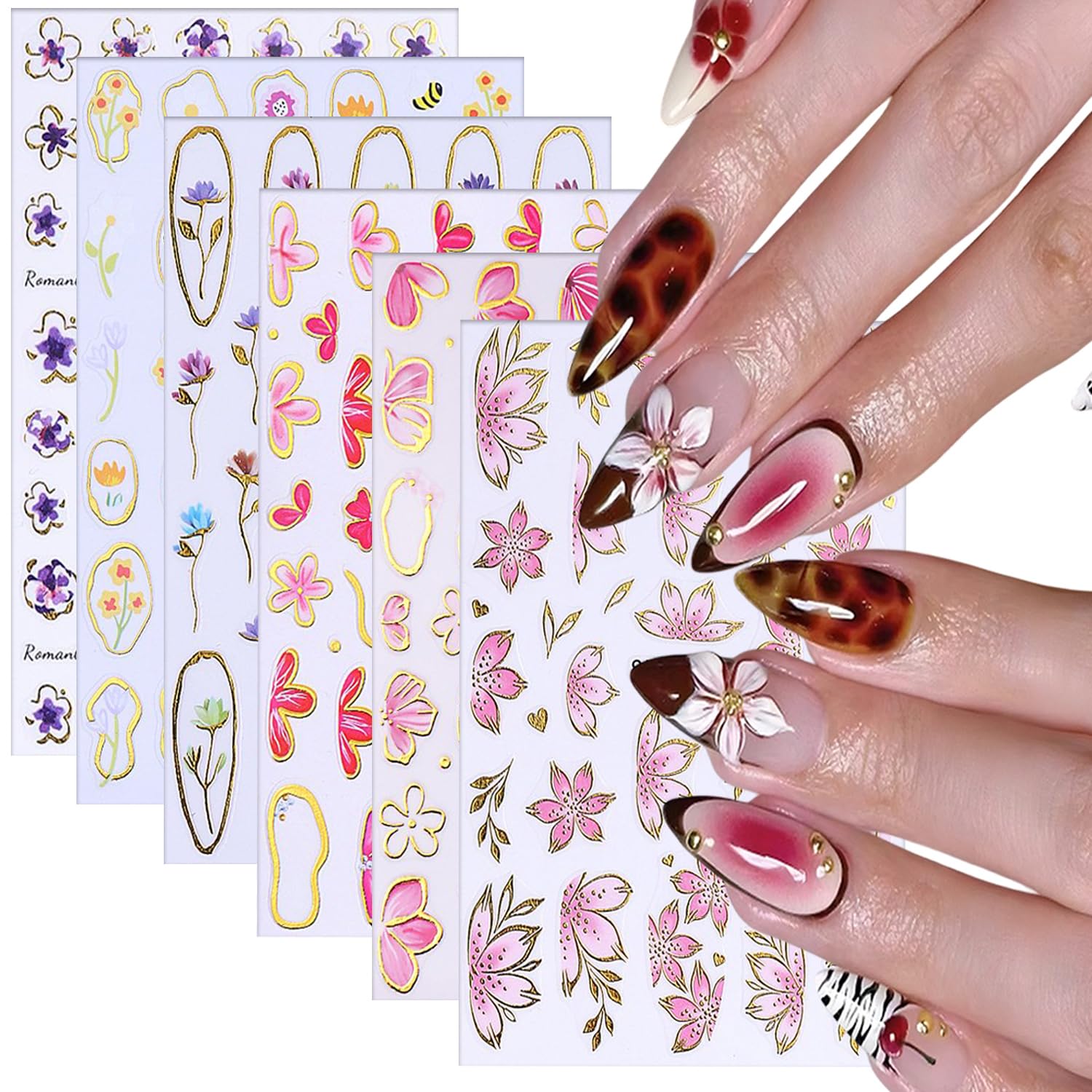 6 Sheets Flower Nail Art Stickers 3D Self-Adhesive Hot Stamping Blossom Nails Sticker Spring Nail Art Decals Holographic Floral Nails Decal Decoration
