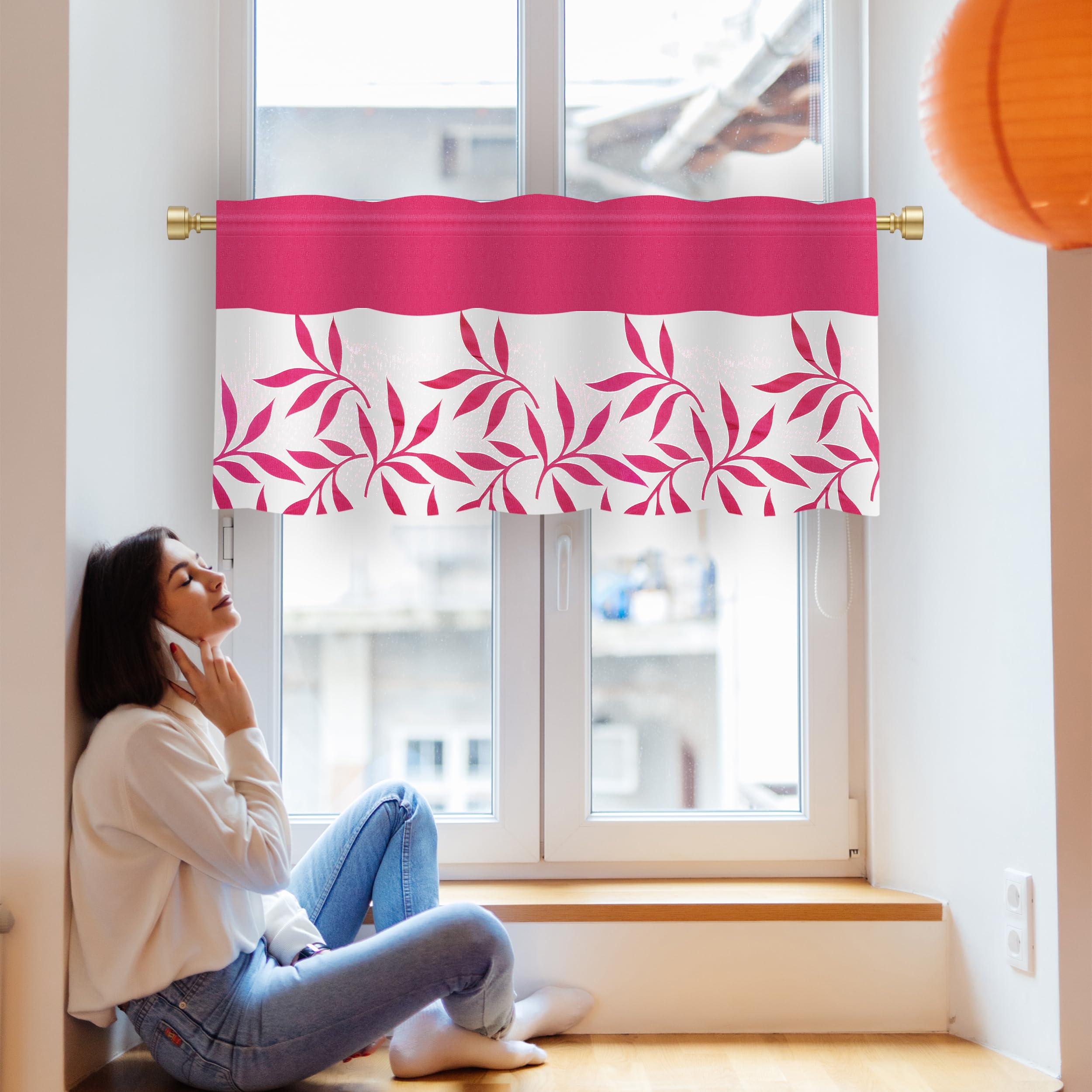 HIMS Long Leef Print Valance Curtains for Kitchen Window, Short Curtains Valances Rod Pocket for Kitchen Bathroom Cafe Living Room (Pink,with 52 Inch X Length 18 Inch)-image-8