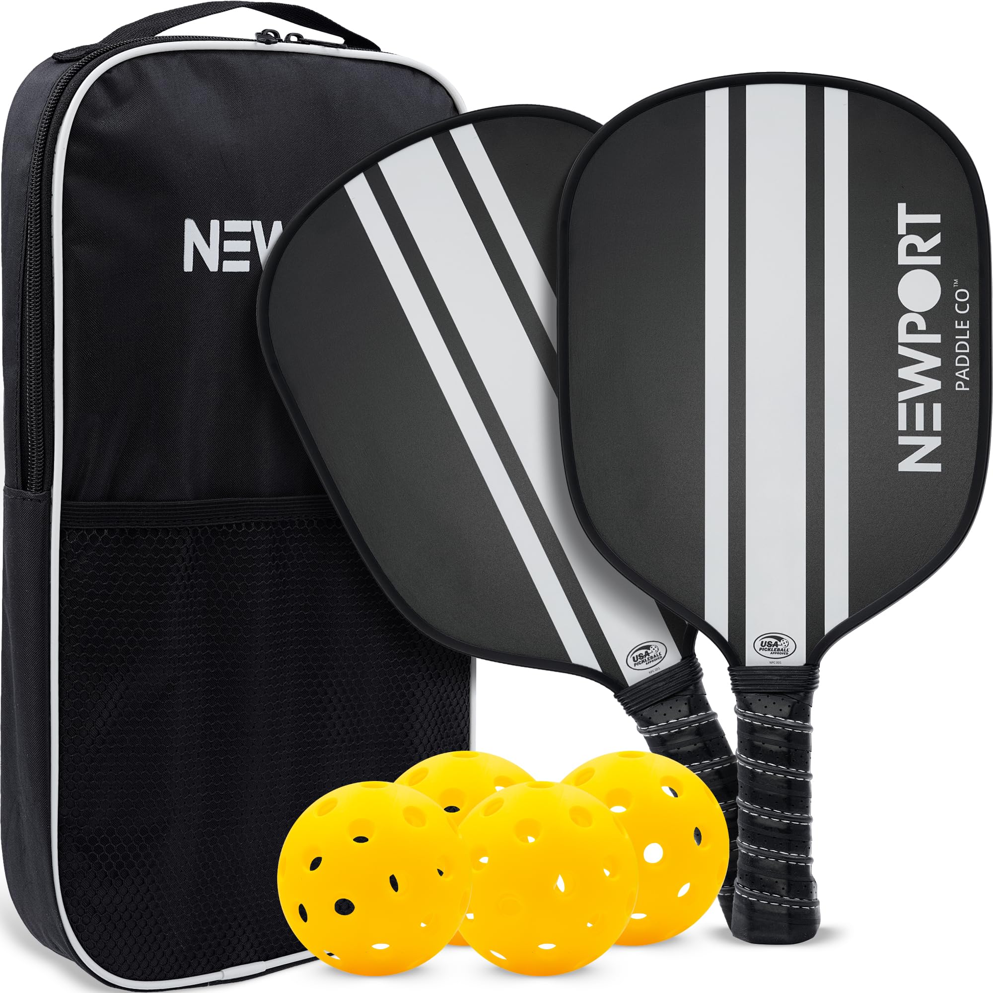 Newport Paddle Co Pickleball Paddles Set of 2 - Fiberglass Surface with Polypropylene Honeycomb Core & Curved Edge - USAPA Approved Equipment - 2 Pickle Ball Paddles, 4 Balls, 1 Carry Case - 15.8x7.9
