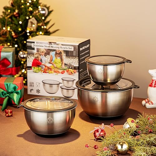 Miniatura 7 de vancasso Tazones para mezclar con tapas herméticas, juego de 3 cuencos de acero inoxidable para cocina, juego de cuencos de metal ideal para