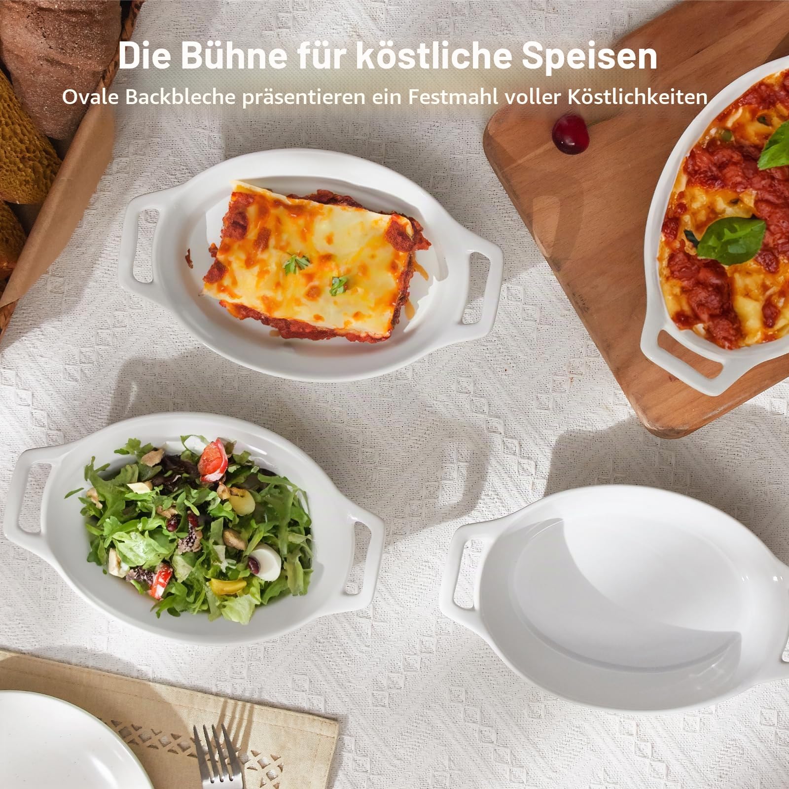 ONEMORE Au Gratin Auflaufform, 590 ml, einzelne Auflaufformen für ofenfest, ovale Keramik-Backform mit Griffen, Set mit 4 Au Gratin Pfannen zum Braten, Lasagne, Backen von Fleisch und Gemüse, Weiß