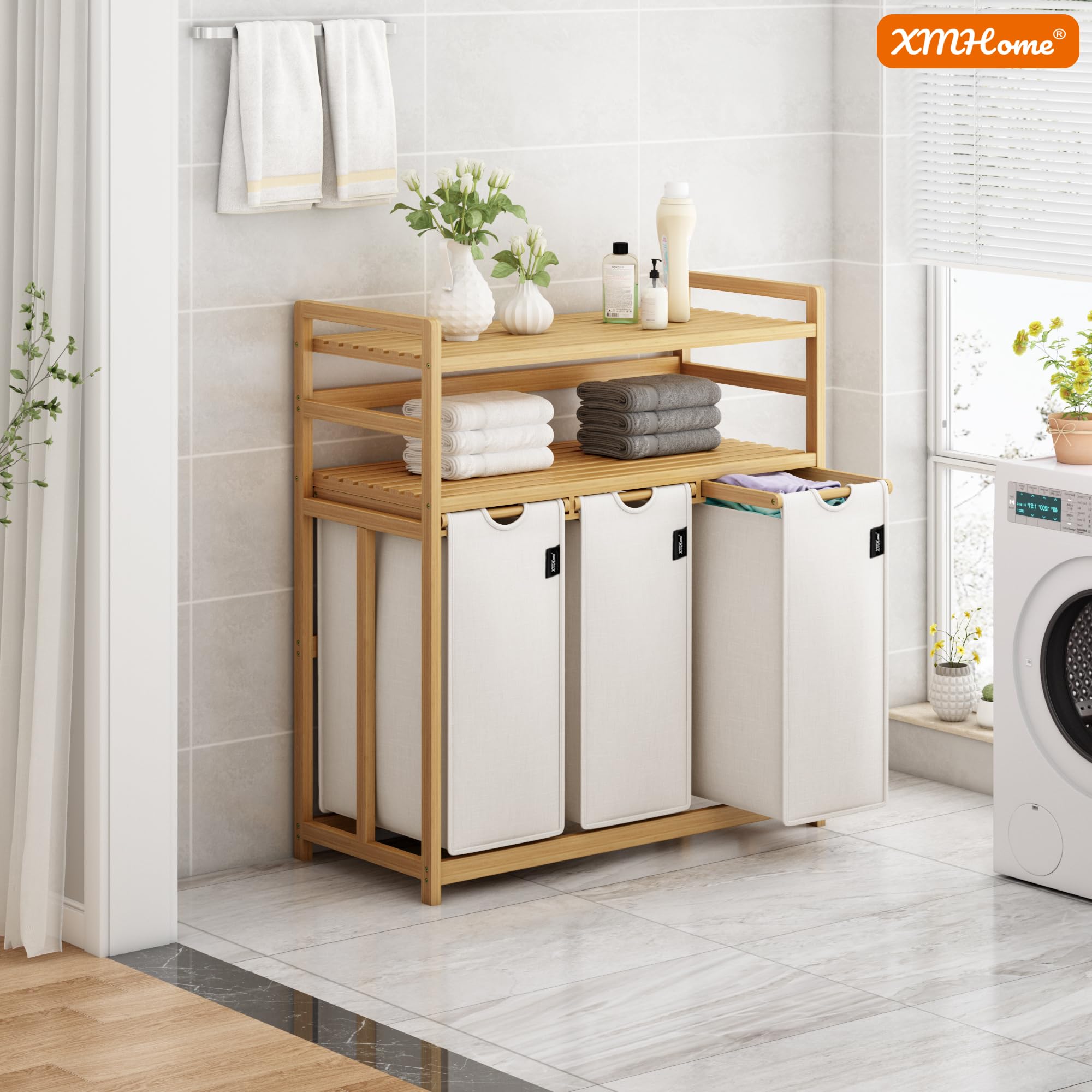 Cesto portabiancheria rettangolare in bambù a 3 scomparti, 148 l, a 2 livelli, con sacchetto portabiancheria rimovibile, per bagno, camera da letto e lavanderia, 77,5 x 41,3 x 100,5 cm, grigio