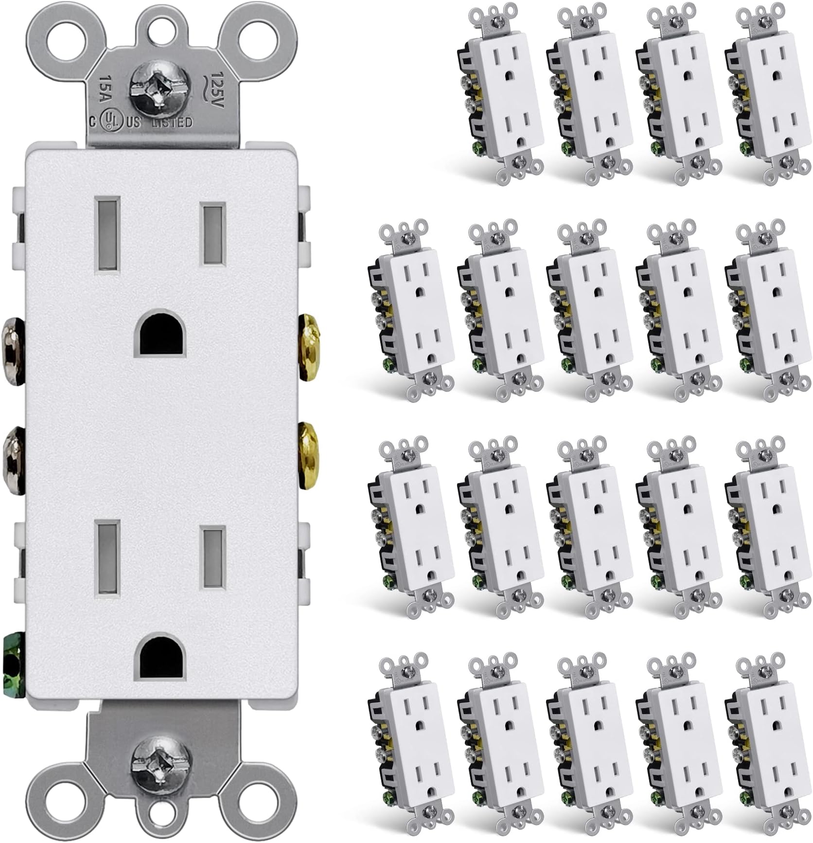 (20 Pack) CML 15 Amp Matte White Decorator Wall Receptacle Outlet, Child-Safe Tamper Resistant Standard Electrical Outlets, 15A/125V, UL Listed