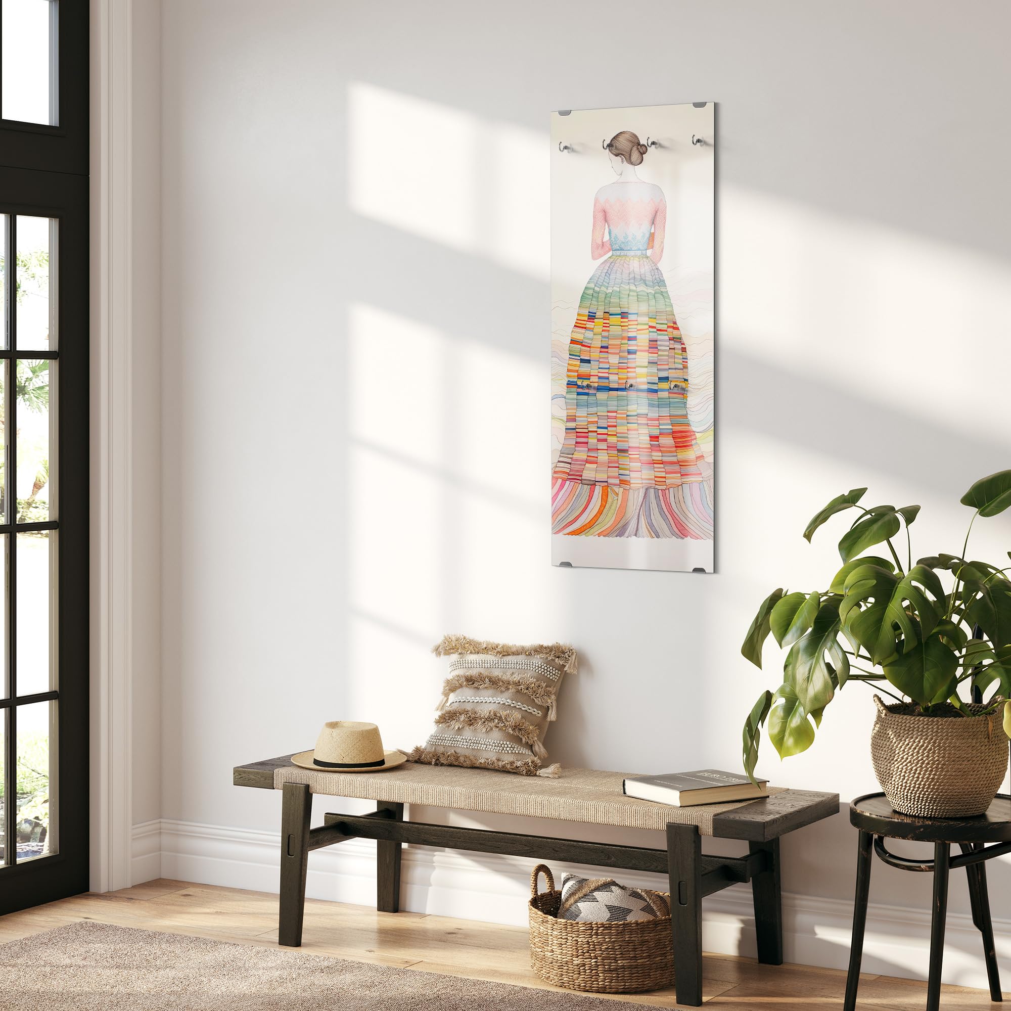 DEQORI Wieszaki na ubrania ze szkła z nadrukiem motywu | wzór pionowy, 50 x 125 cm | motyw przeglądu w kolorze | szkło bezpieczne ESG z 7 haczykami – do pisania i łatwy montaż – łatwy w pielęgnacji