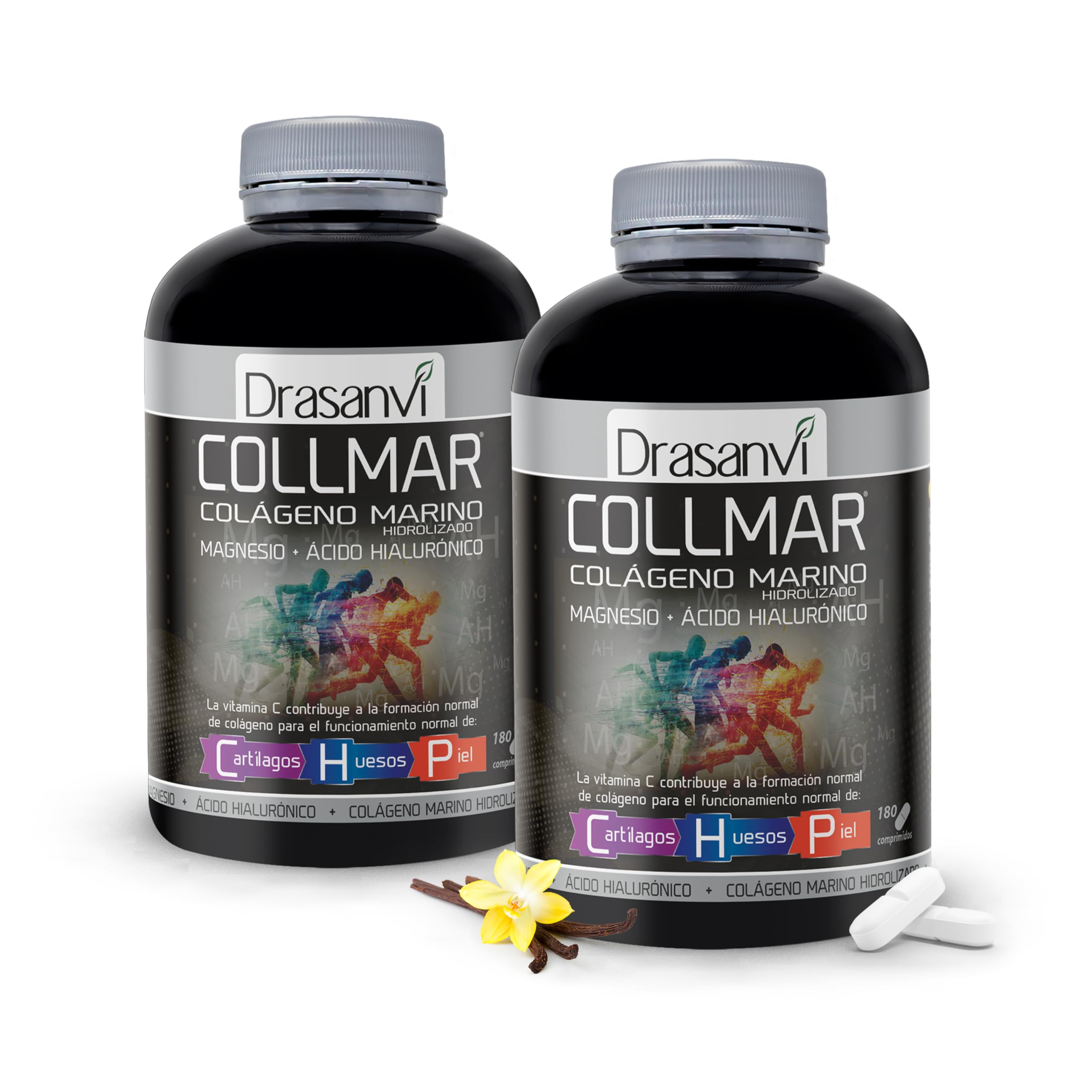 Drasanvi COLLMAR Colágeno Marino Hidrolizado con Ácido Hialurónico, Magnesio, Vitamina C natural | para cartílagos, huesos y piel | Alta dosis 3.900 mg/día | 2 x 180 comp = 60 días | Sabor Vainilla