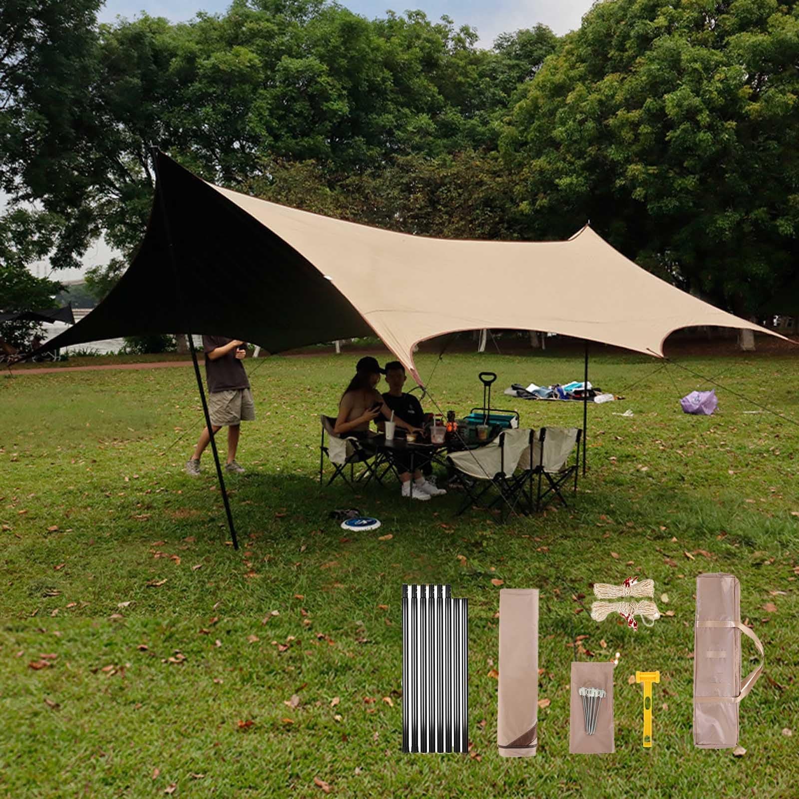 Bâche Anti-Pluie, 560x440cm Camping Rain Tarp, Toile De Tente Imperméable Anti-UV, Léger Portable, Piquets De Tente Et Cordes Inclus Pour Randonnée Backpacking Picnic Camping(Rice-white,560x440x260mm)
