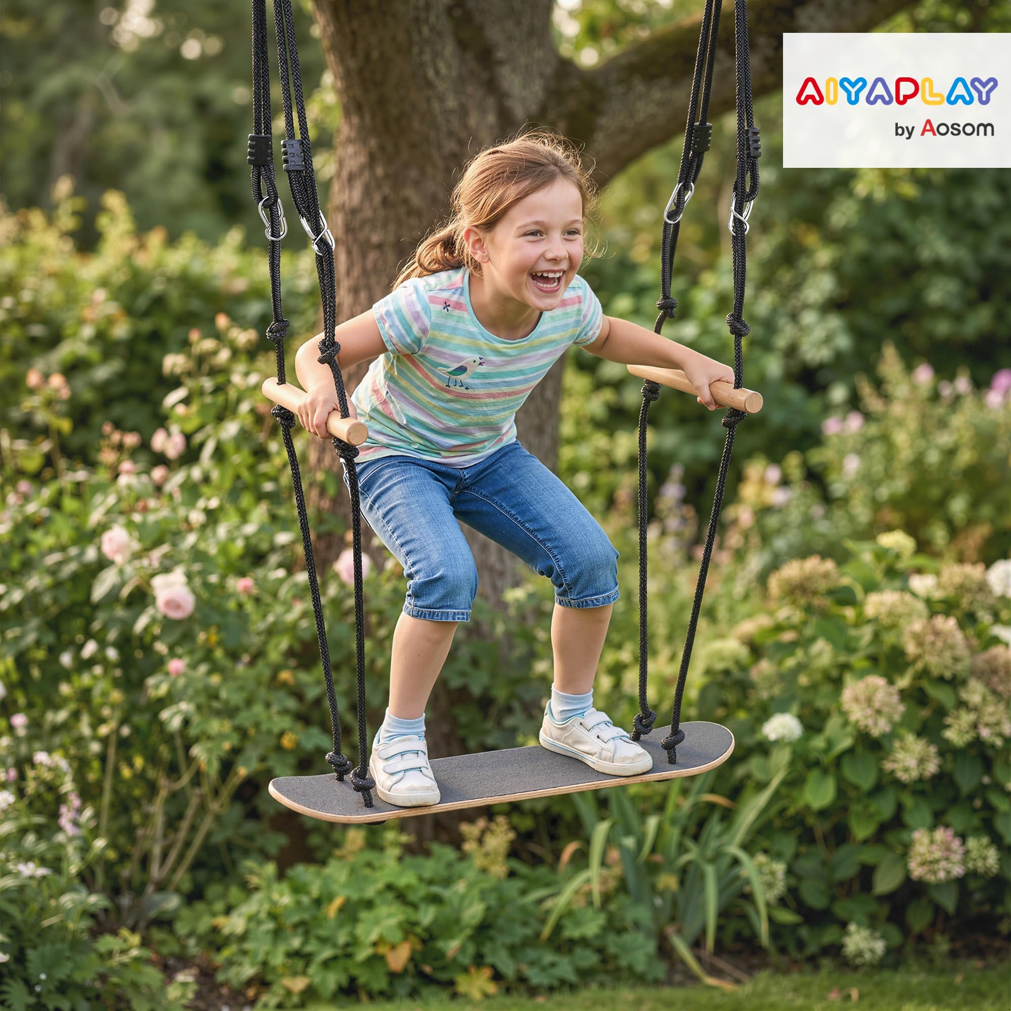 AIYAPLAY Deskorolka huśtawka dziecięca z regulowaną wysokością, antypoślizgowa deska, lina odporna na warunki atmosferyczne, uchwyty, huśtawka skateboardowa do 100 kg, dla dzieci od 3 lat, czarna