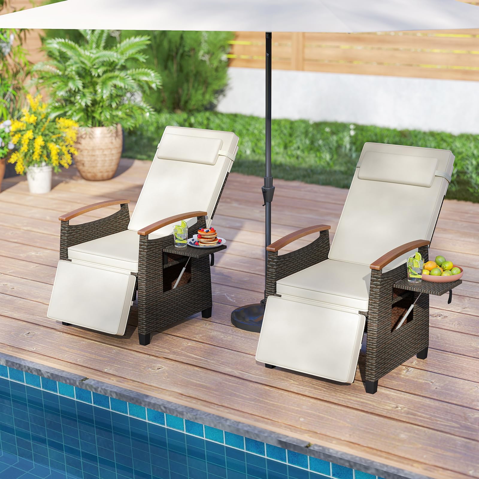 LIFEZEAL Sdraio da Giardino in Rattan (1, Bianco) | Lettino Prendisole Regolabile fino a 150°, Poltrona con Poggiapiedi, Tavolino Pieghevole e Cuscino Poggiatesta, per Terrazzo