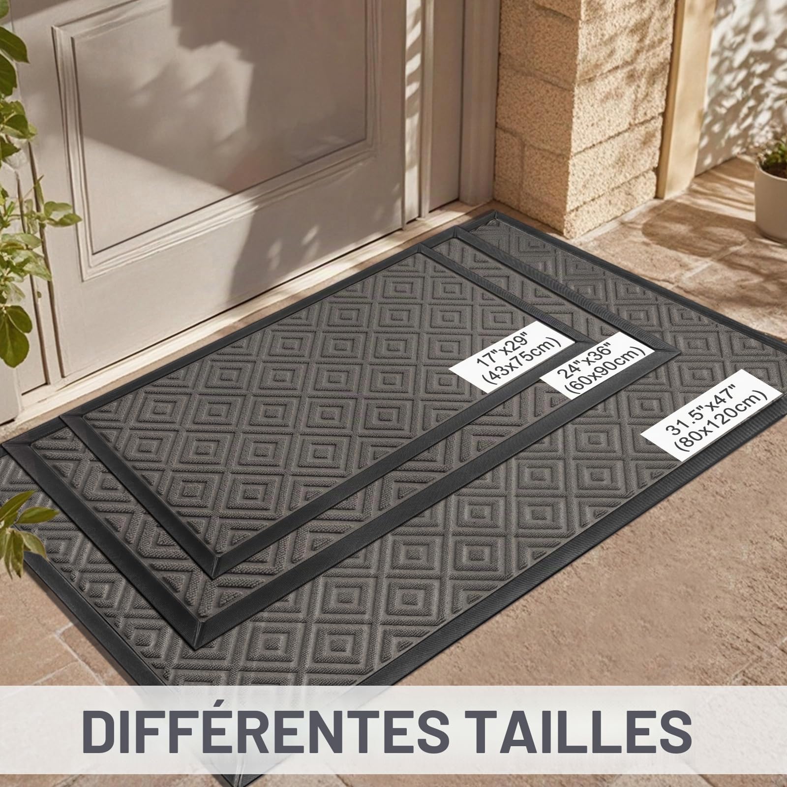 LEKEEPGO Paillasson Exterieur Entree 80x120cm, Tapis Exterieur Resistant Pluie Antiderapant, Drainage Tapis Entree Interieur, Tapis de Porte Lavable pour Balcon, Jardin, Couloir, Gris
