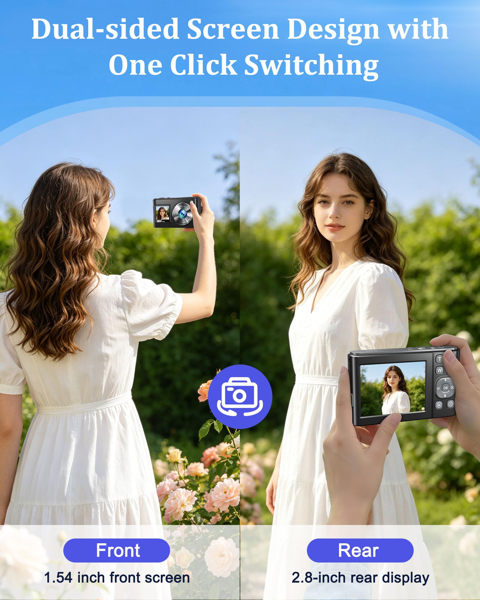 Fotocamera digitale WiFi 8K 96MP 2026 per vlogging YouTube con doppio schermo, autofocus anti-vibrazione, zoom 16X, fotocamera compatta da viaggio con scheda 32 GB e 2 batterie da 1050 mAh