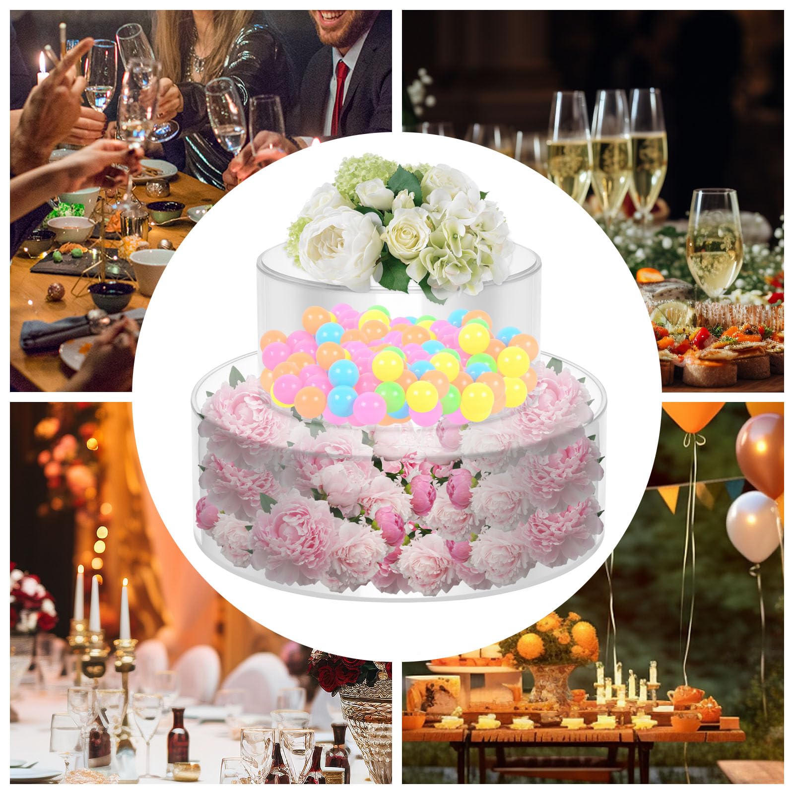 Befüllbar Tortenständer Acryl mit LED Kuchenständer 2 Stück | Transparent mit Deckel, 20 und 30 cm, Kuchentrenner, Warmlicht, für Hochzeit, Geburtstag und Party, Tafelaufsatz
