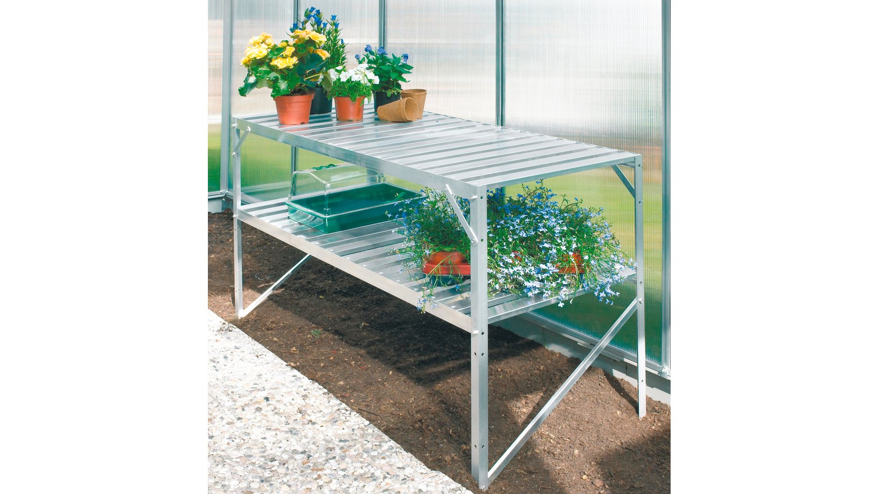 Tisch mit 2 Ablagen aus Aluminium, natur eloxiert, L 120 x 52 x H. 76 cm