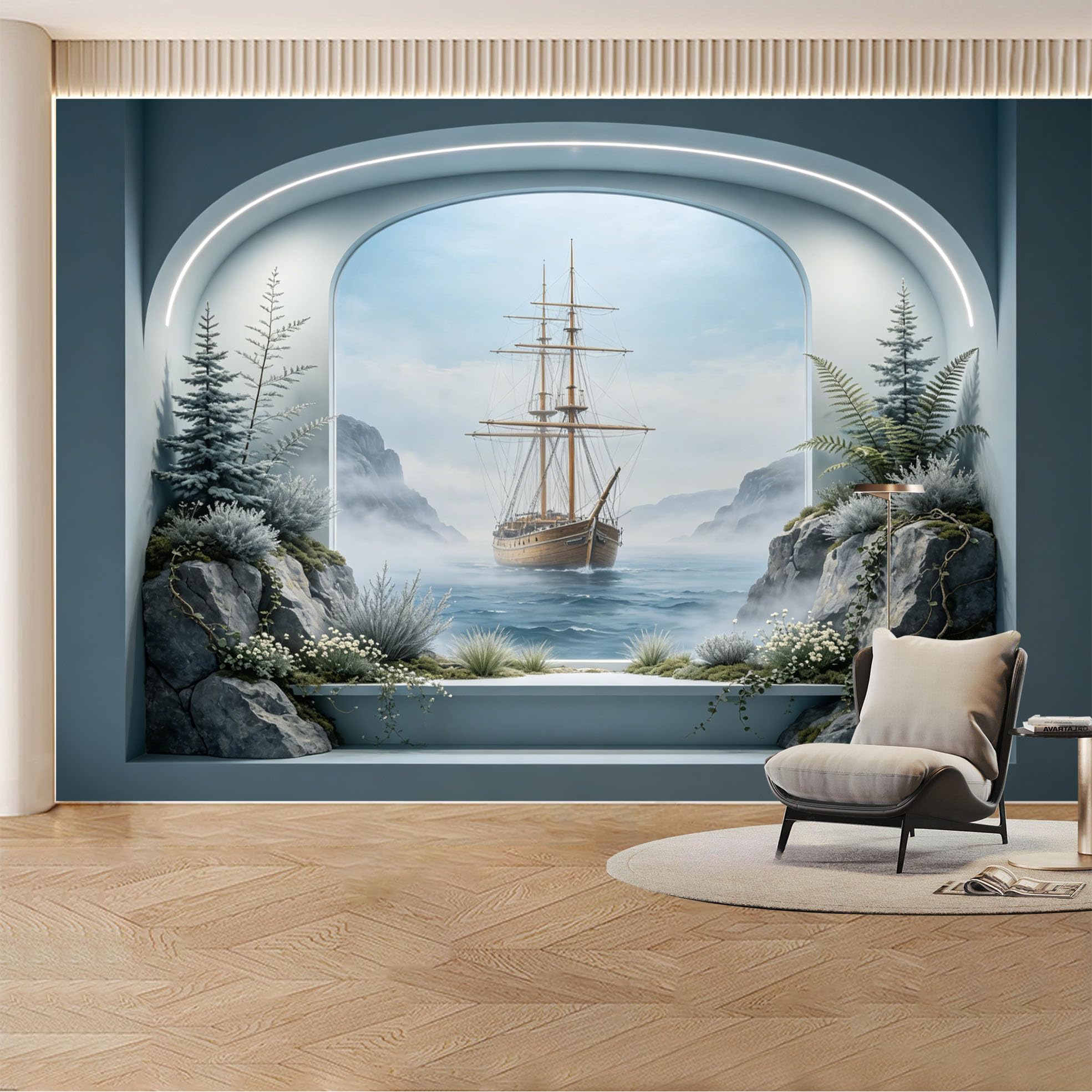 Kayorowalls Bh20260620002 Custom Wall Mural Wallpaper Sailing Ship Ocean Landscape Nature 3D Effect Wall Decor Misty Nordic Removable Selfadhesive Large Photo For Living Room， Bedroom， Office