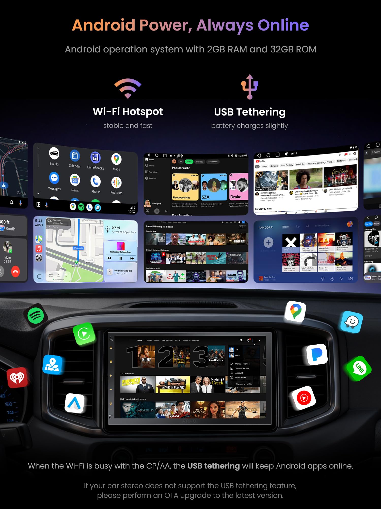 ATOTOZONE A5L Radio 2 DIN Android con CarPlay & Android Auto Inalámbrico, AI Radio para Coche Pantalla Táctil 7 Pulgadas con GPS Navi, Wi-Fi/BT/USB, DSP& EQ 24Bandas, 2G+32G