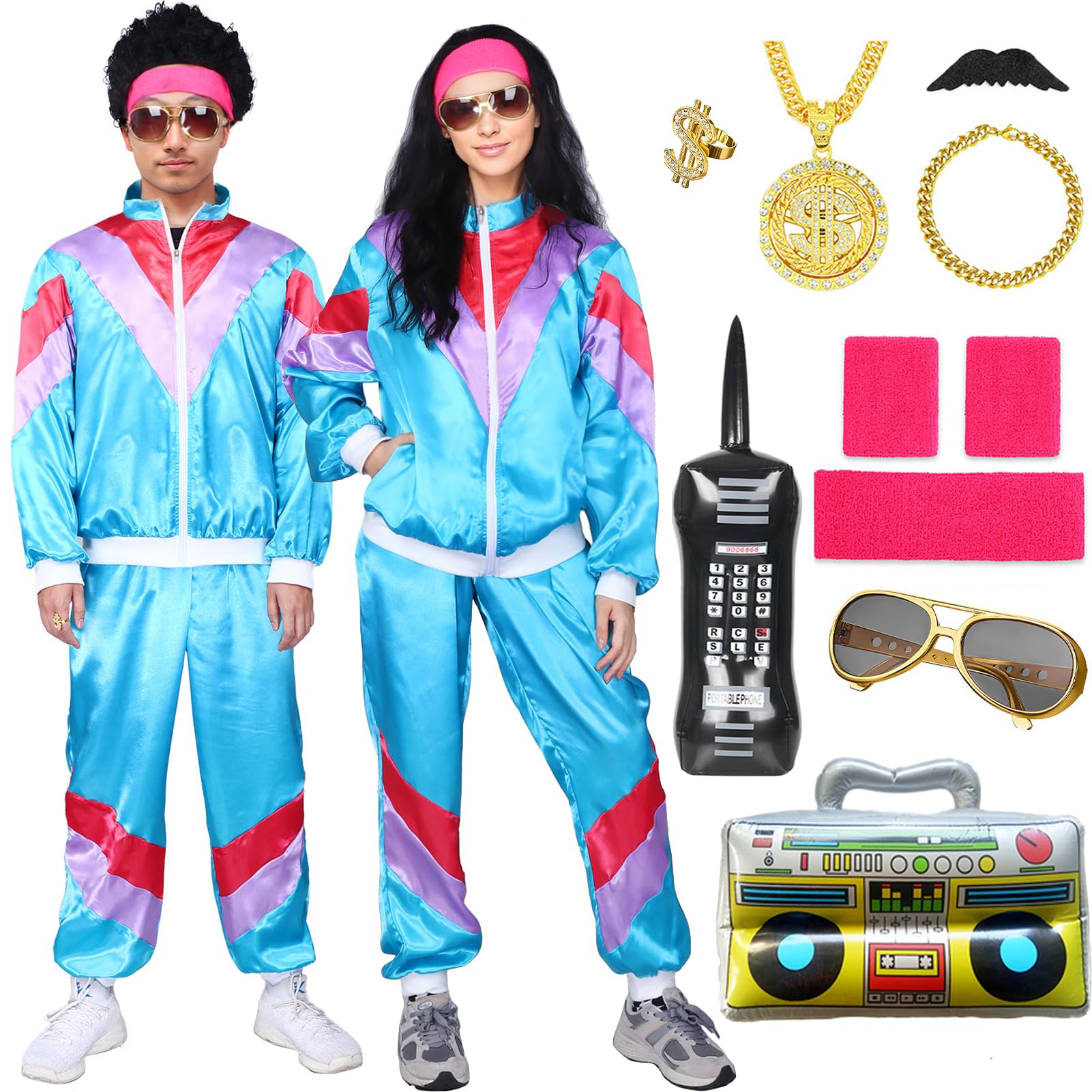 Amycute 80s Shell Suit Costume Men Women Retro Tracksuit 1980s Fancy Dress Halloween Costumes for Adults