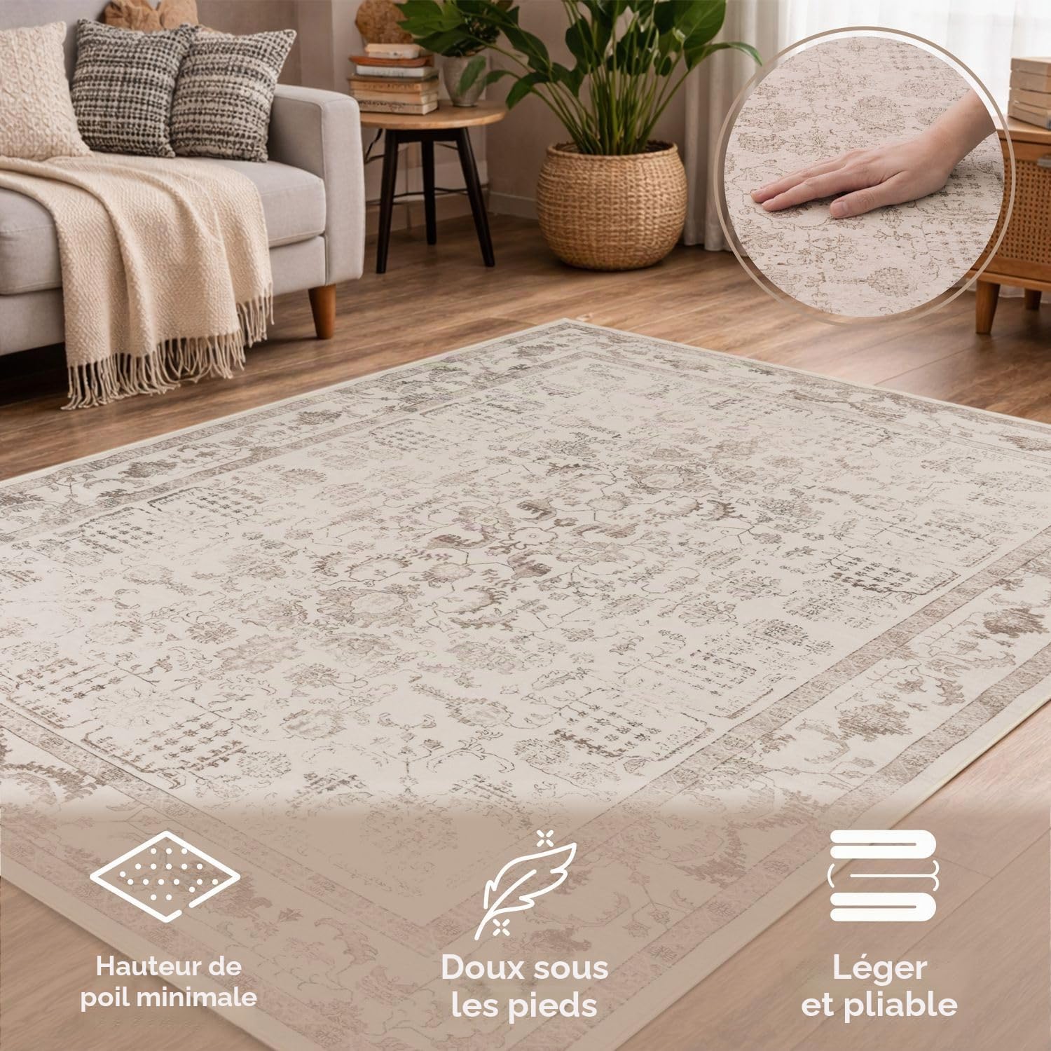TT Home Tapis Boho Vintage Salon Poil Court Design Retro Antiderapant Facile Entretien Moderne Salle A Manger Entree Lavable, Couleur:Beige 4, Dimension:120x160 cm