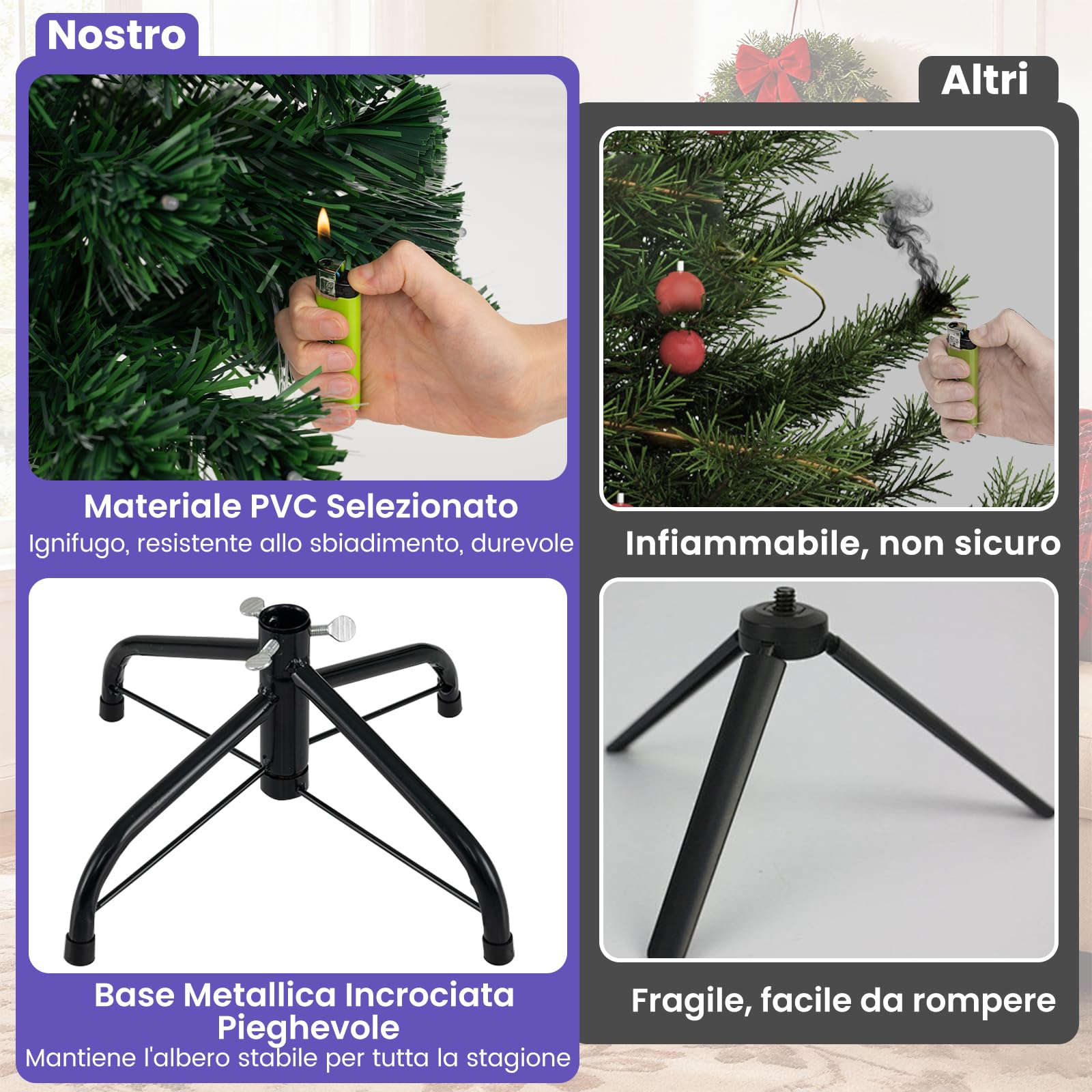 Albero di Natale Artificiale Illuminato da 93 cm, Albero di Natale con Fibre Ottiche Multicolore, 96 Luci LED Viola e Bianche, 8 Modalità, 96 Punte di Rami in PVC, Stella sulla Cima, Base Metallica