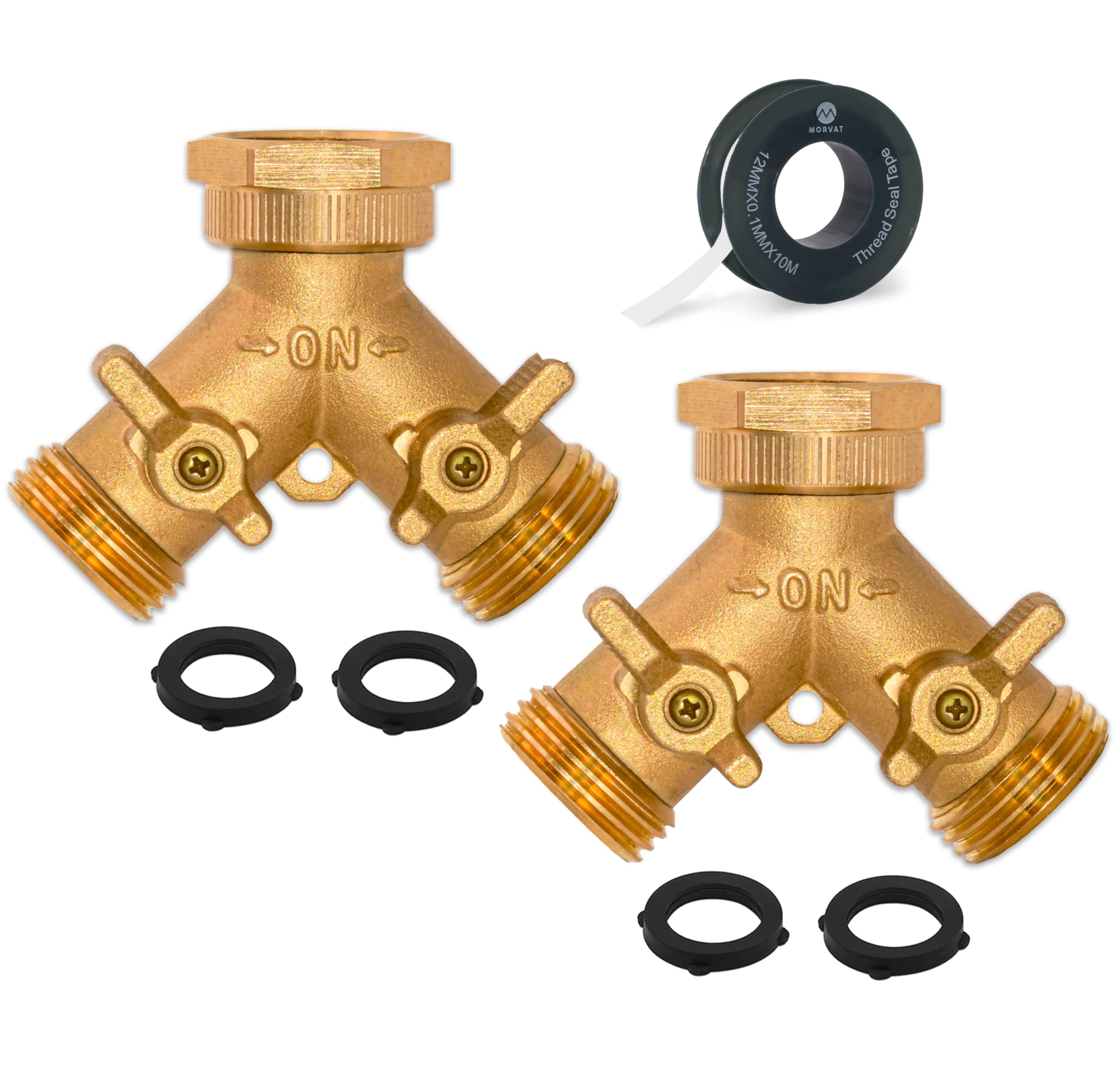 Morvat Conector de manguera de jardín divisor en Y de latón resistente de 2 vías con válvulas de cierre de agarre cómodo, adaptador para grifo de agua, salida y espiga, incluye 8 arandelas de goma
