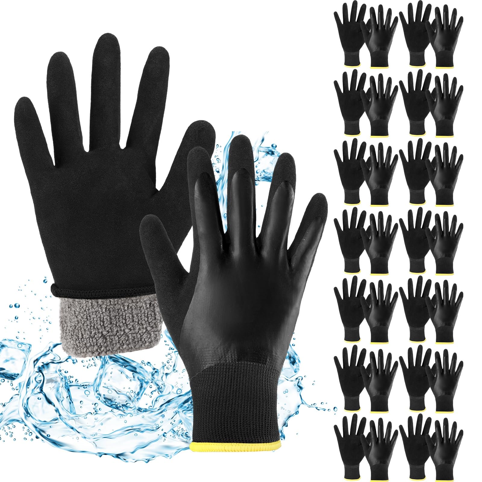 Sintuff 15 pares de guantes de trabajo impermeables para hombre, guantes de trabajo de invierno aislados con agarre de arena, guantes de congelador para trabajo al aire libre (negro, L)