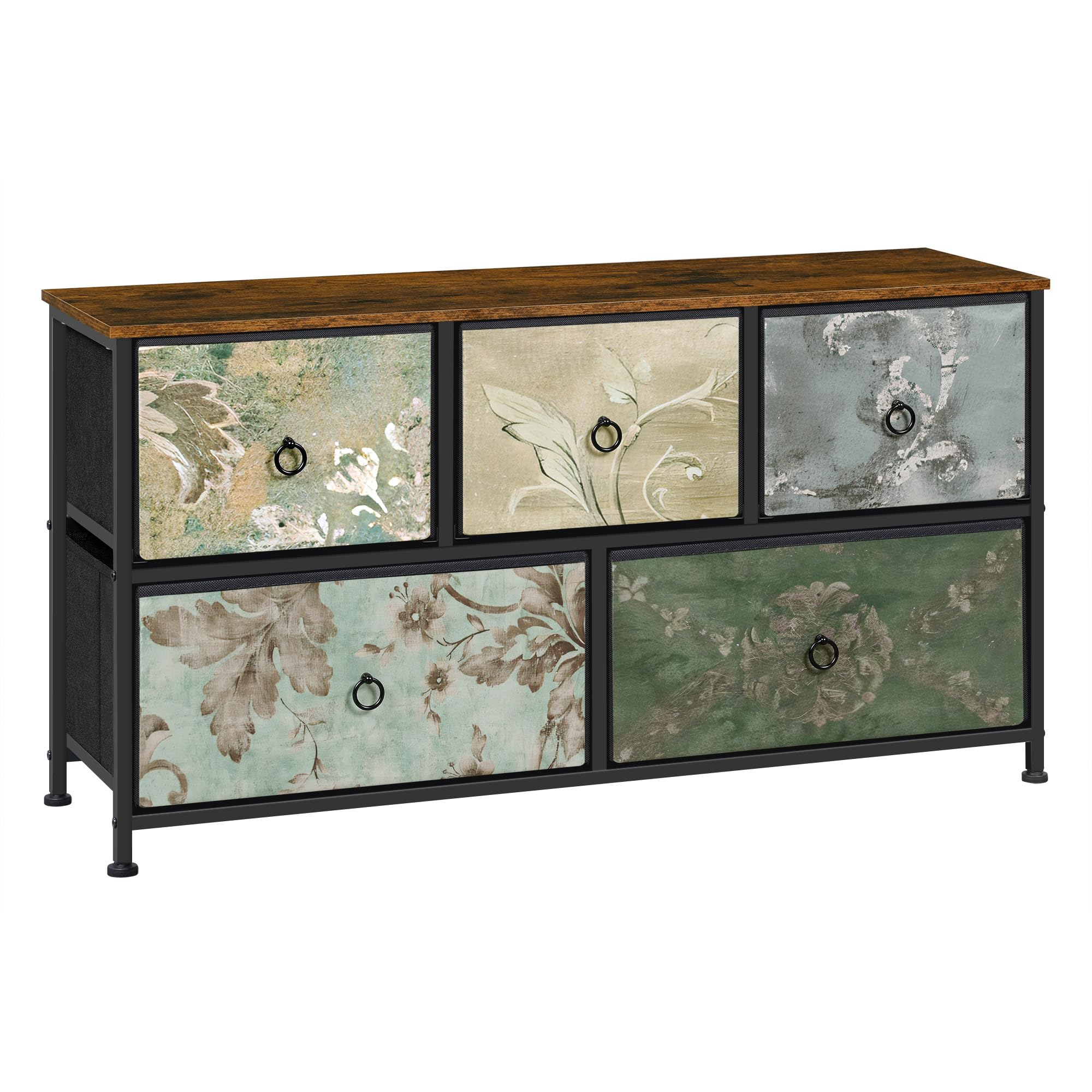 WOLTU Chest of 5 Drawers, TV Cabinet Stand for Bedroom/Hallway/Living Room, Rustic Brown and Black with Retro Flower Pattern, Metal Frame, 100x30x54cm, SSK005pw-UK