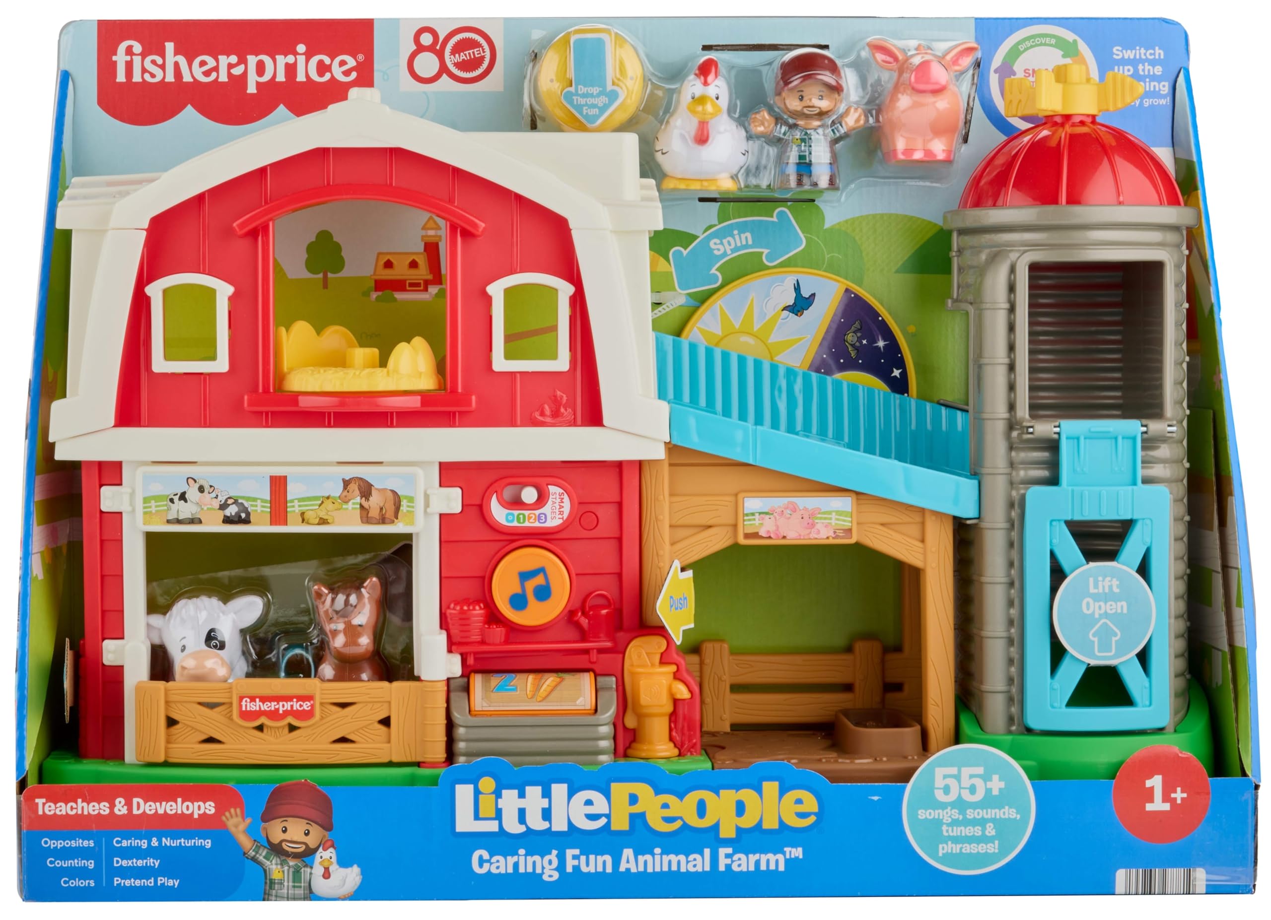 Fisher-Price Little People Muzyczna farma Opieka nad zwierzątkami, zestaw do zabawy w naśladowanie, farma dla dzieci z wyborem języka, edukacyjna zabawka interaktywna dla maluchów 1+, JGX10