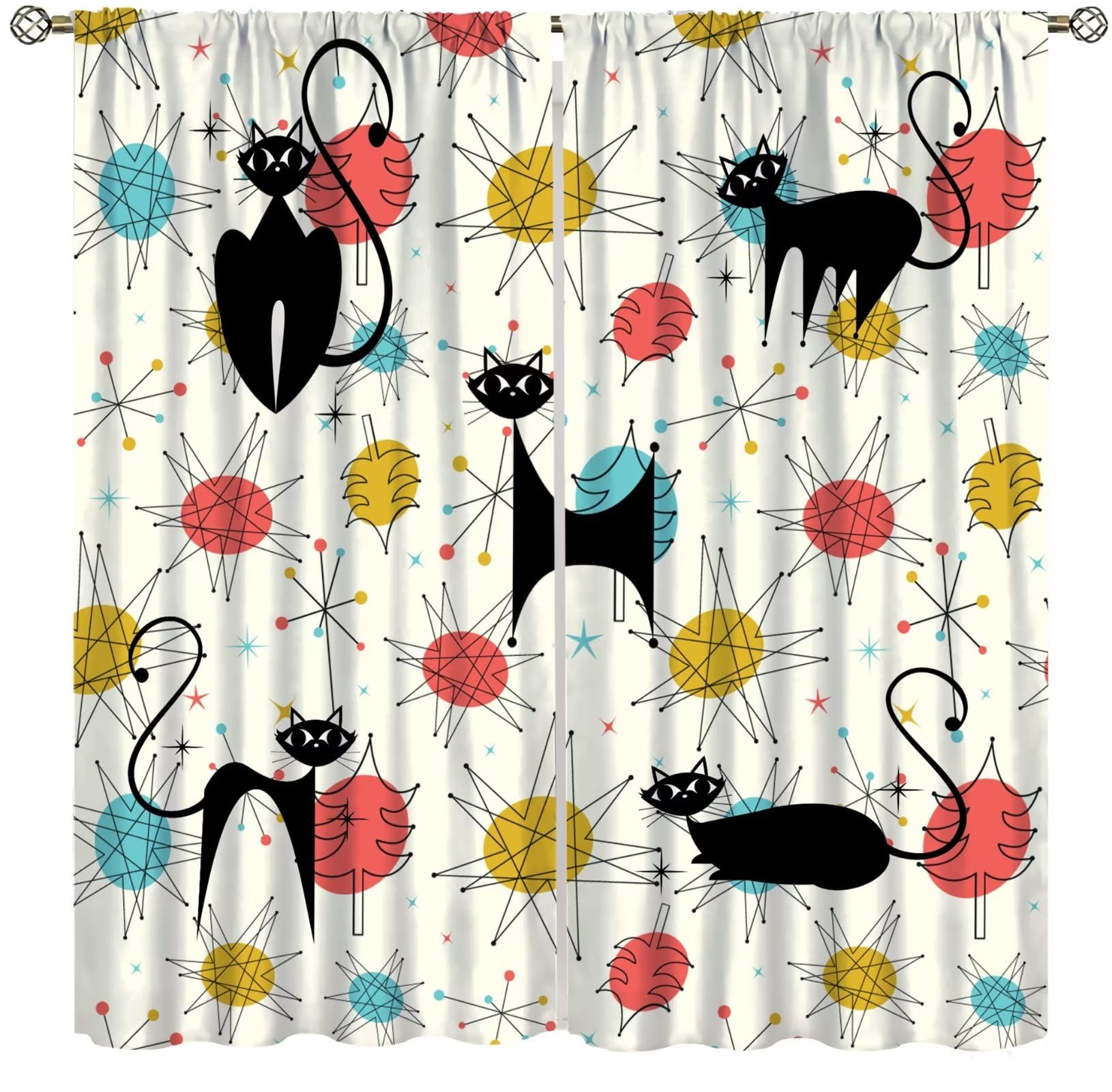 Mid Century Black Cat Retro Atomic Stars 1950s Print Pattern Living Room Curtains Retro Geometric Cat Colorful Bedroom Kitchen Blackout Curtains 42x45