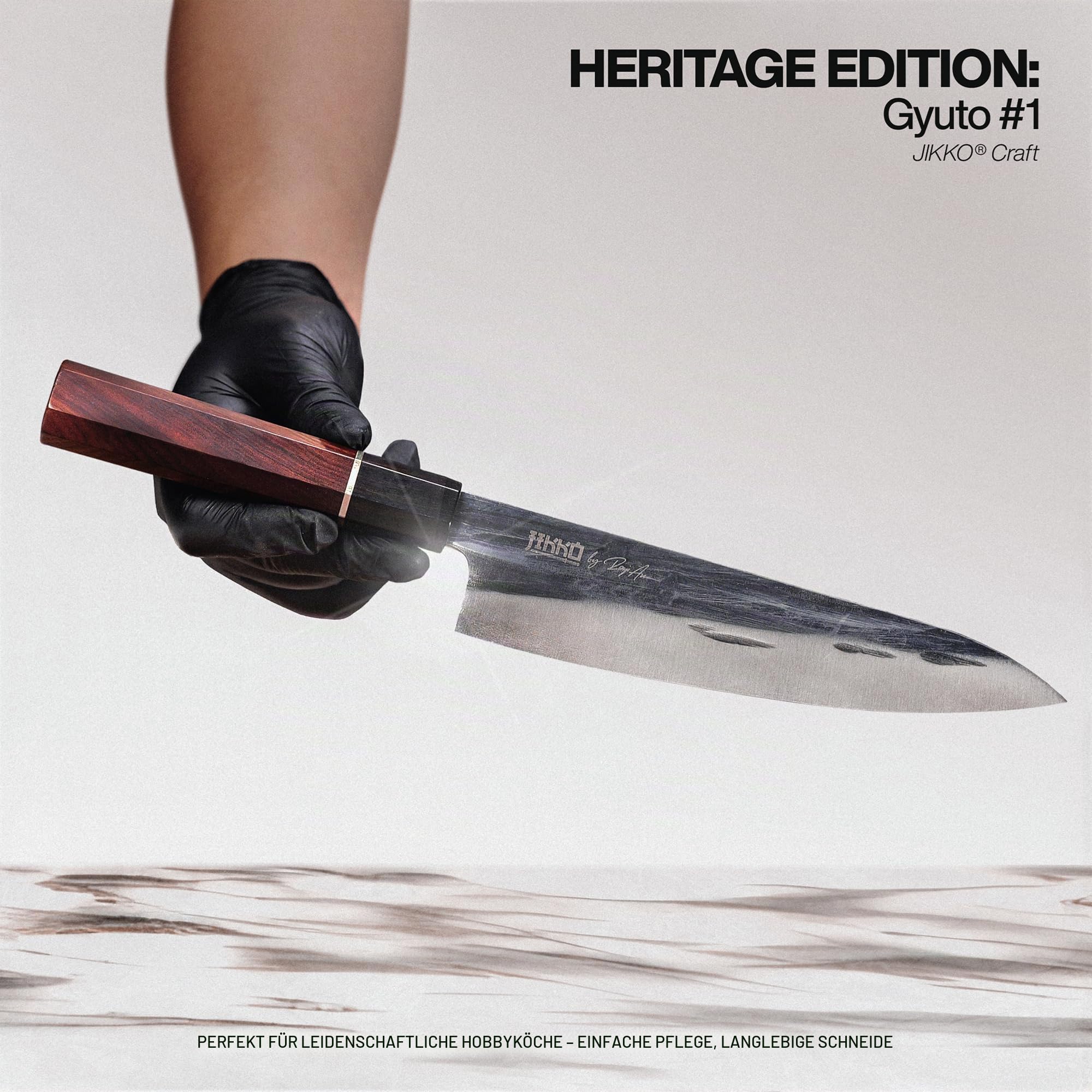 JIKKO Heritage Edition Japanisches Kochmesser Gyuto, 21 cm | AUS-8 Hochkohlenstoff-Edelstahl | Handgeschmiedete Klinge mit gehämmertem Finish | Palisander- & Ebenholzgriff | Profi Küchenmesser