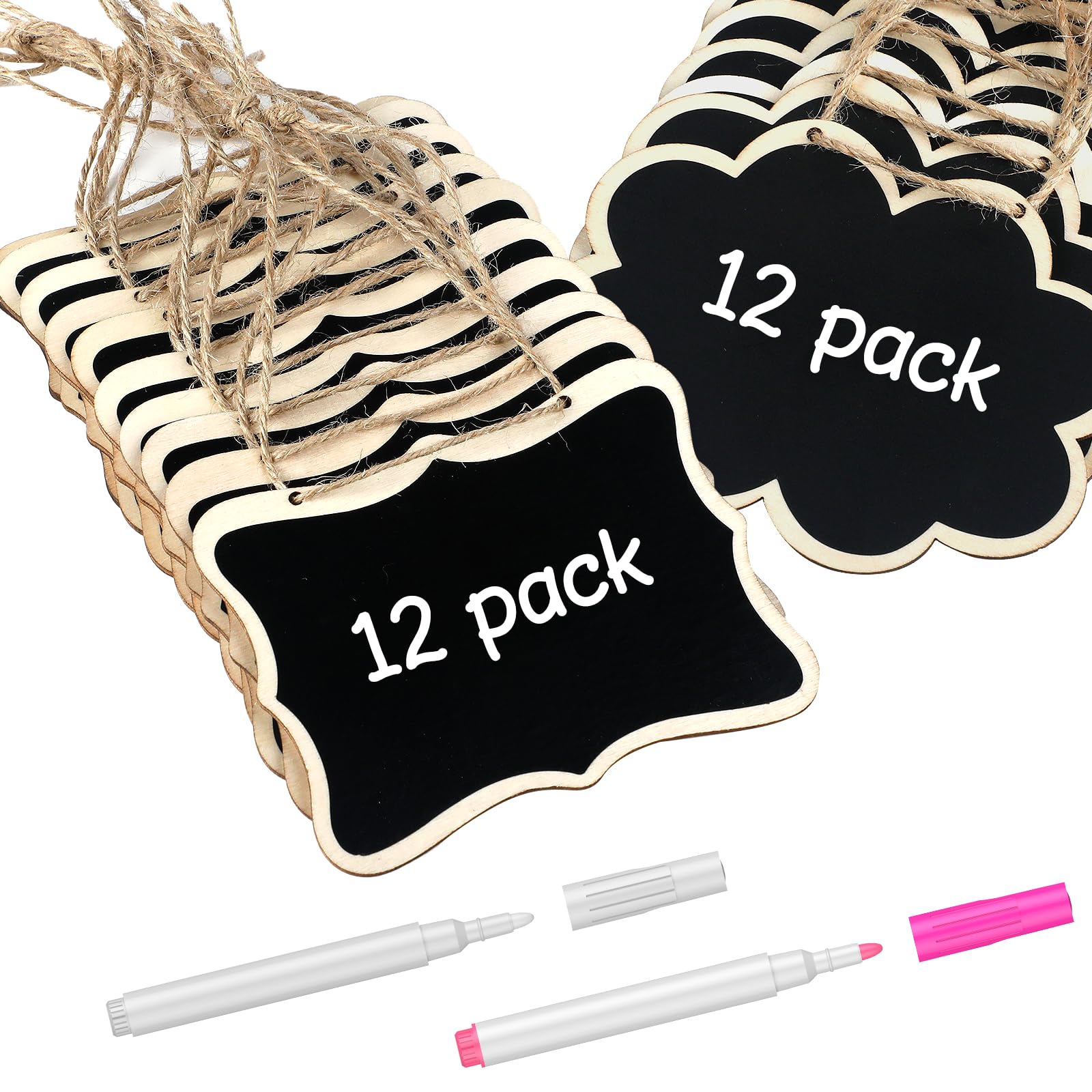 Uniclife 24 Pack Mini Chalkboard Signs for Food, Small Chalkboard Signs with Strings Chalk Markers & Replacement Stickers, Hanging Chalkboards Sign Reusable Wooden Food Labels for Party Buffet Wedding