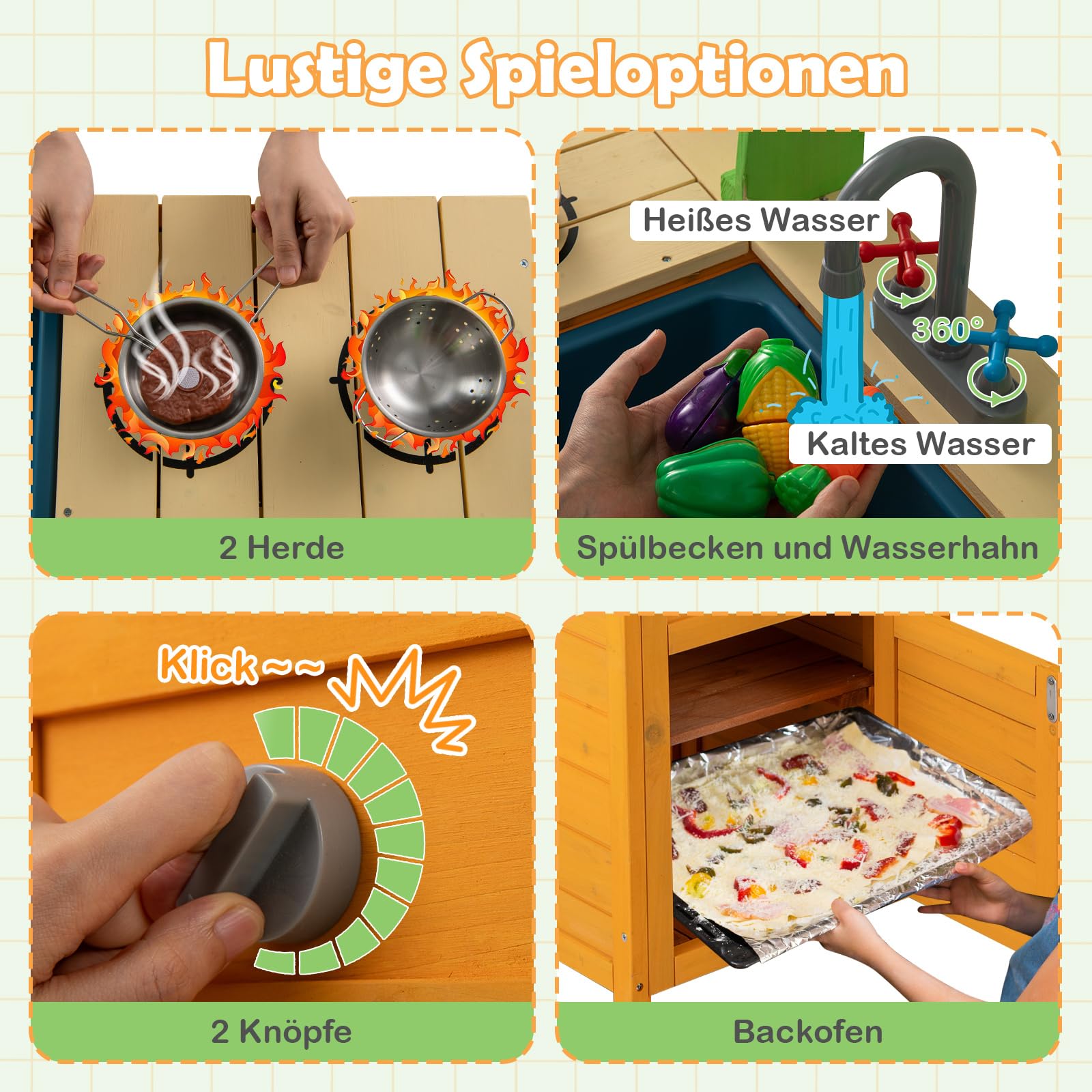 COSTWAY Matschküche Kinder Outdoor, Kinderküche mit Zubehör, Spielküche mit realistischen Herden & Wasserhahn & Spüle & Ofen, Outdoor Küche Gartenküche für Kinder ab 3 Jahren