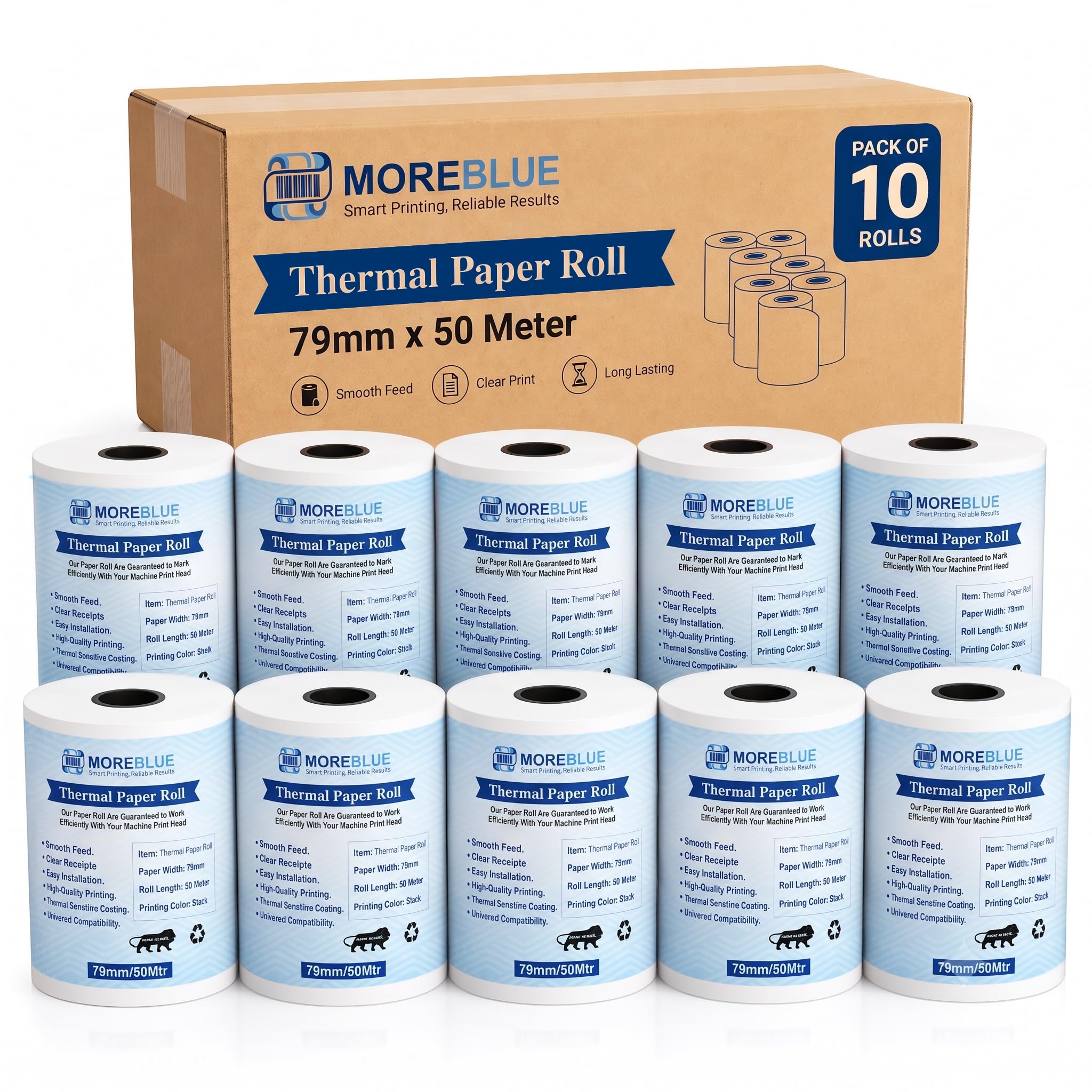 MOREBLUE® Thermal Paper Roll 3 Inch (79mm x 50mtr, 55 GSM) | Billing & POS Machine Receipt Paper | Ink-Free for Billing Machine, POS Printer & Credit Card Machine (Pack of 10 Rolls)