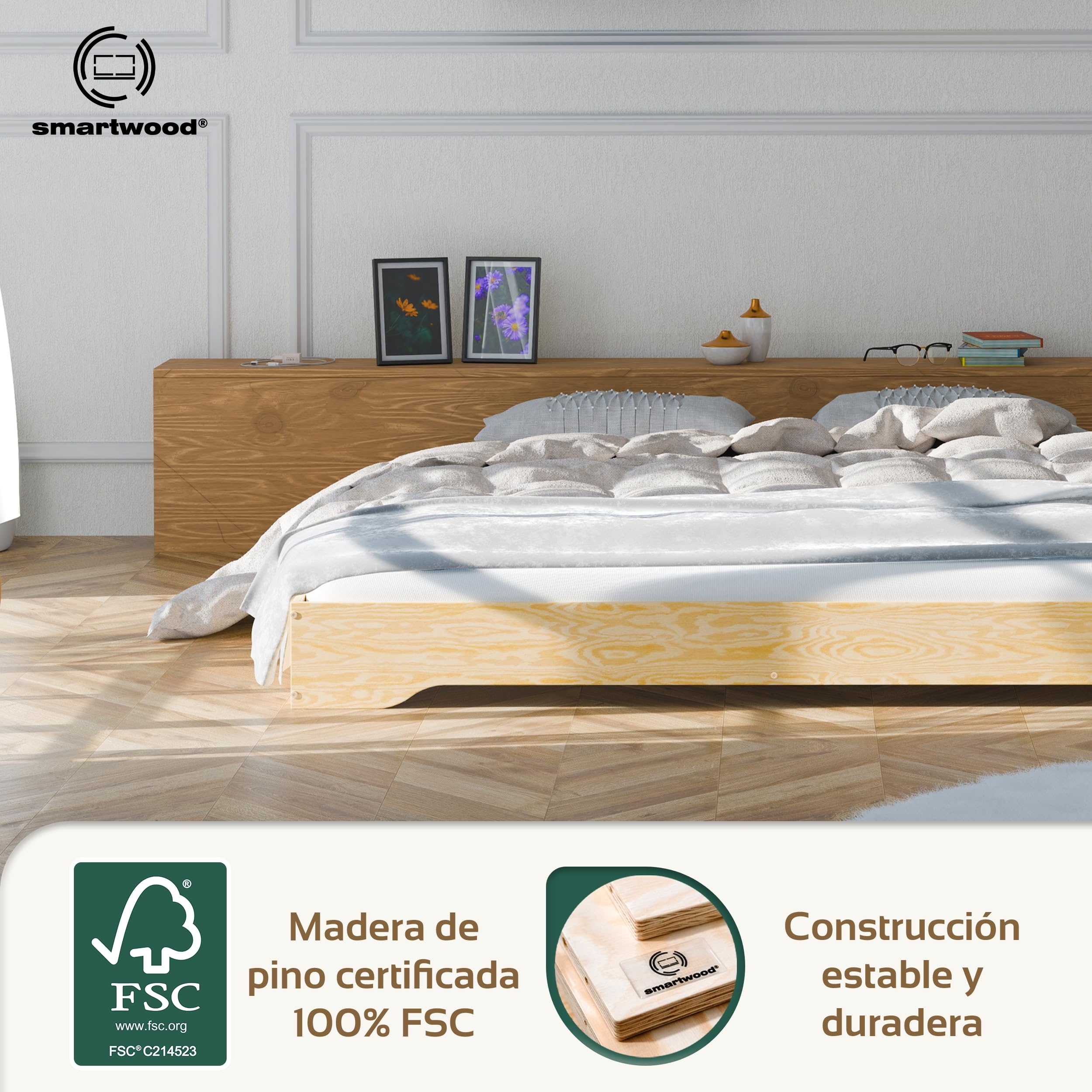 smartwood Cama 160x190 cm con Somier, de Madera, Madera, TILA 7 | Cama matrimonio, contrachapado de pino FSC, carga 300 kg, montaje fácil, bordes redondeados, estilo escandinavo