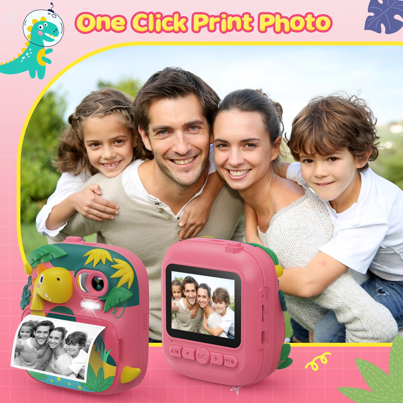 Macchina Fotografica Bambini Istantanea, CAMCLID 2,4 Pollici Fotocamera Bambini con 32GB Scheda, 12MP/1080P Fotocamera Digitale Bambini Dinosauro, Regali per Ragazzi Ragazze da 3-12 Anni (Rosa)