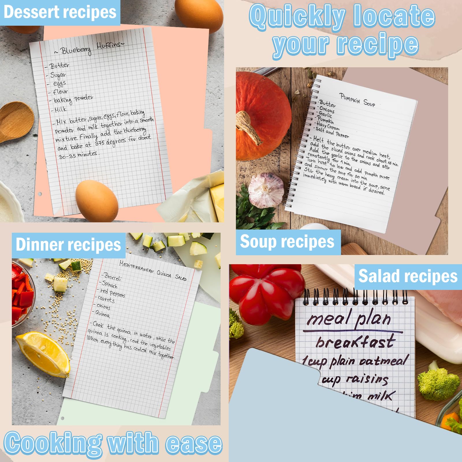 Morandi Rezept-Trennblätter für 3-Ringbücher mit 4 Registerkarten, 24,9 x 27,9 cm, Papier, Rezeptbuch, Trennblätter, blanko, Rezept-Organizer, personalisierbar, für die Küche