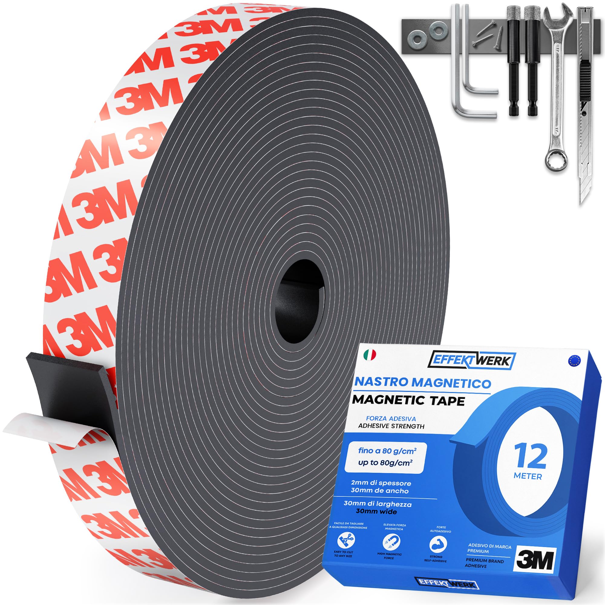 Rotolo di nastro magnetico - 12 metri - Strisce magnetiche extra spesse e larghe con retro autoadesivo resistente - Facili da tagliare e attaccare a superfici piane